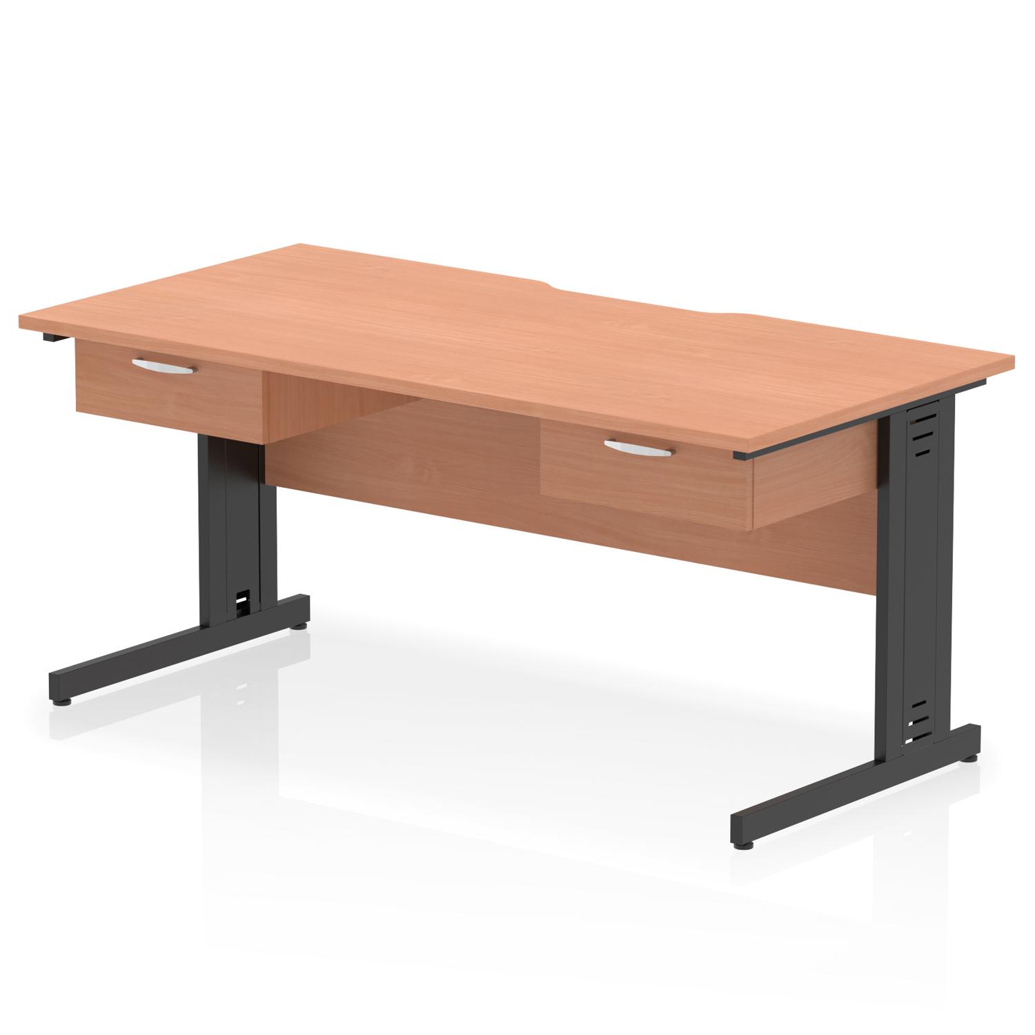 Impulse 1600 x 800mm Scalloped Edge Straight Office Desk Beech Top Black Cable Managed Leg Workstation 2 x 1 Drawer Fixed Pedestal