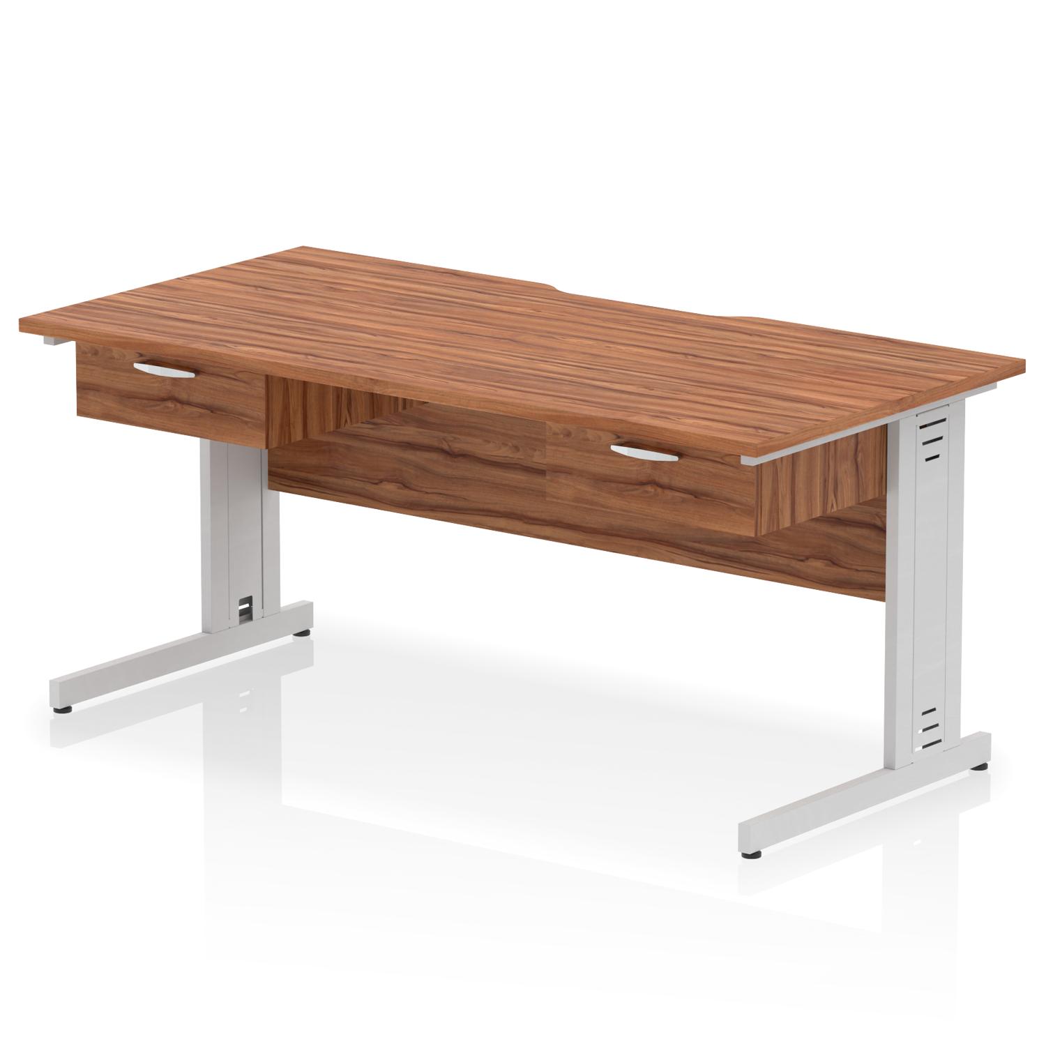 Impulse 1600 x 800mm Scalloped Edge Straight Office Desk Walnut Top Silver Cable Managed Leg Workstation 2 x 1 Drawer Fixed Pedestal