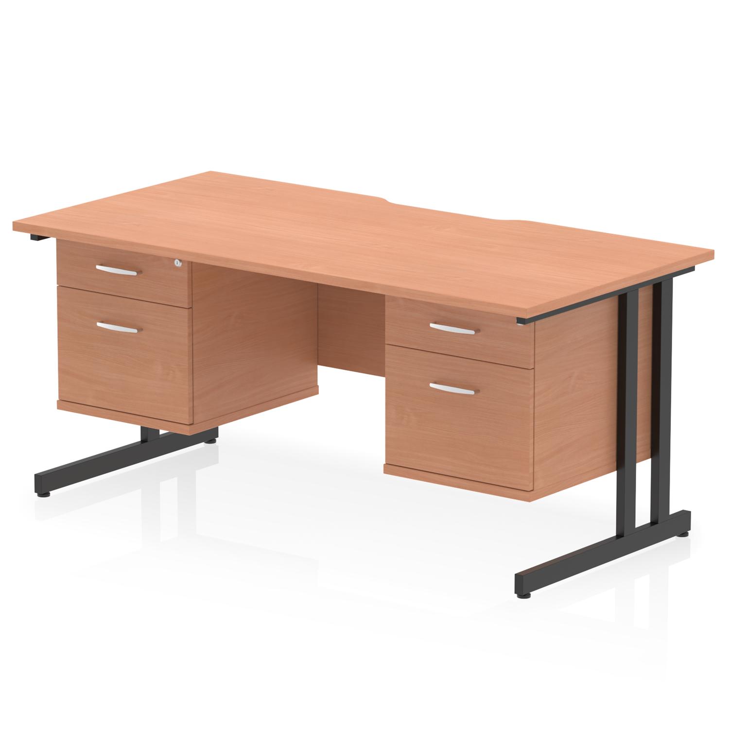 Impulse 1600 x 800mm Scalloped Edge Straight Office Desk Beech Top Black Cantilever Leg Workstation 2 x 2 Drawer Fixed Pedestal