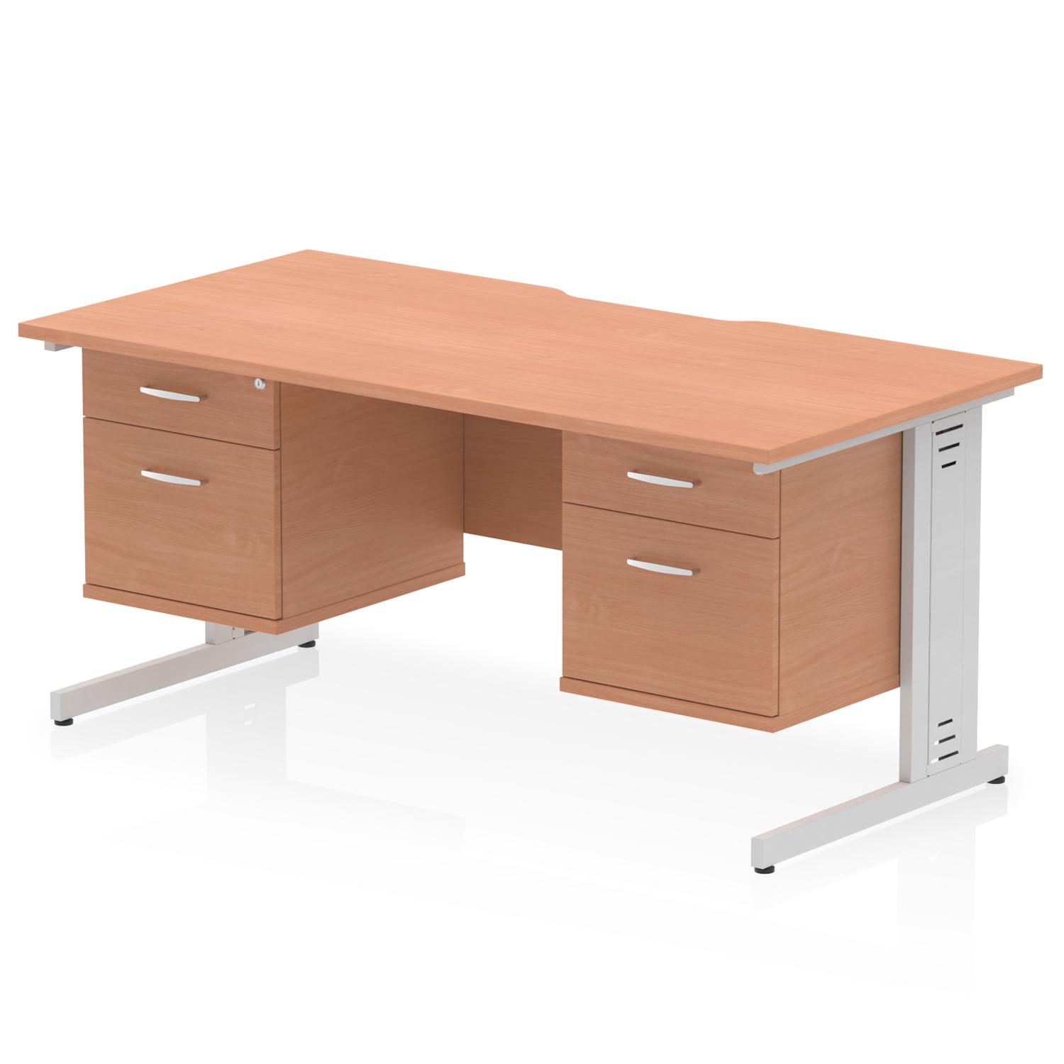 Impulse 1600 x 800mm Scalloped Edge Straight Office Desk Beech Top Silver Cable Managed Leg Workstation 2 x 2 Drawer Fixed Pedestal