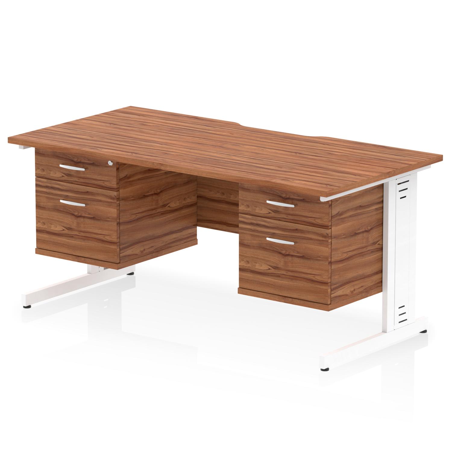 Impulse 1600 x 800mm Scalloped Edge Straight Office Desk Walnut Top White Cable Managed Leg Workstation 2 x 2 Drawer Fixed Pedestal