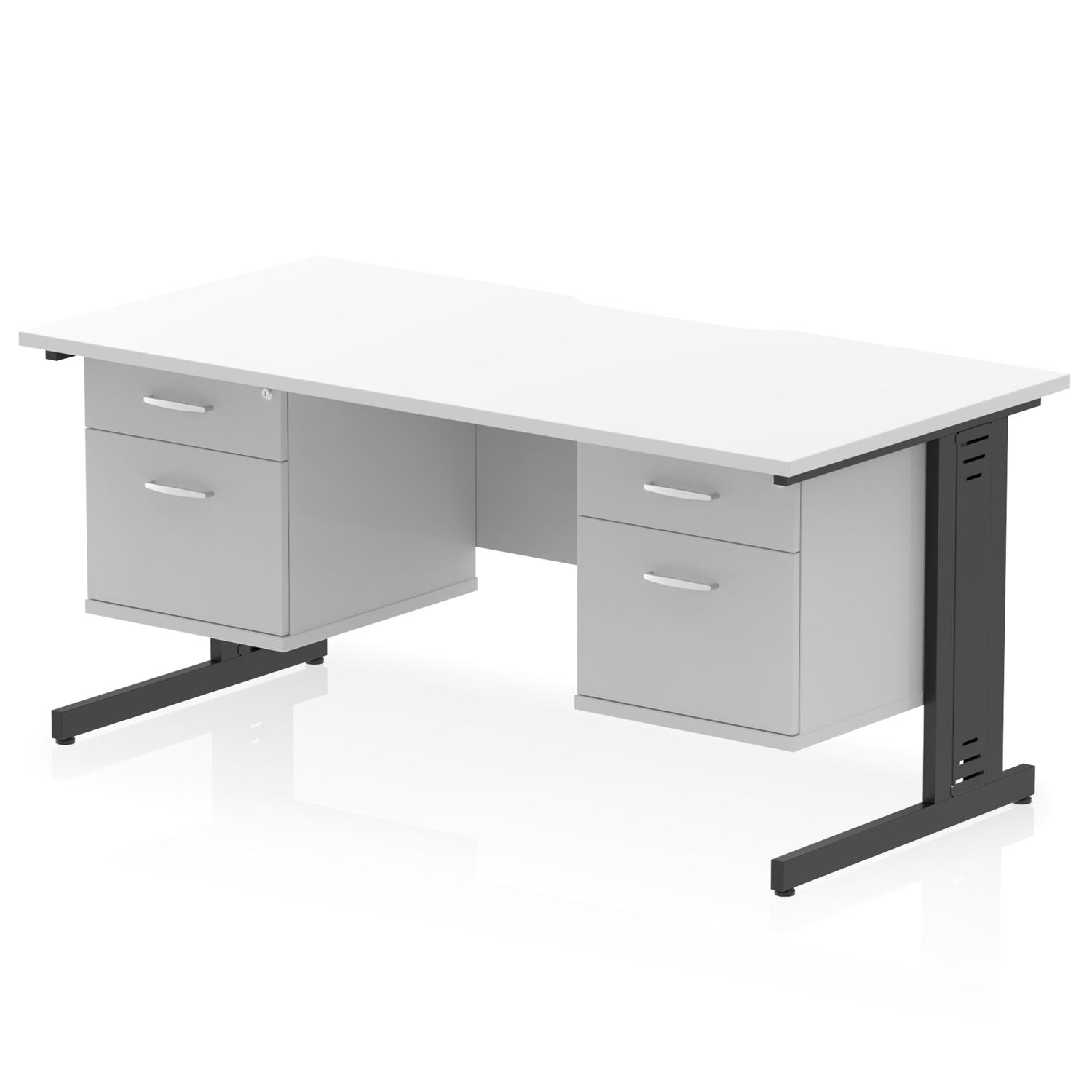 Impulse 1600 x 800mm Scalloped Edge Straight Office Desk White Top Black Cable Managed Leg Workstation 2 x 2 Drawer Fixed Pedestal