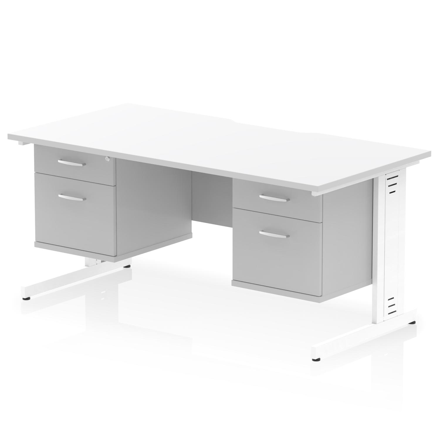 Impulse 1600 x 800mm Scalloped Edge Straight Office Desk White Top White Cable Managed Leg Workstation 2 x 2 Drawer Fixed Pedestal