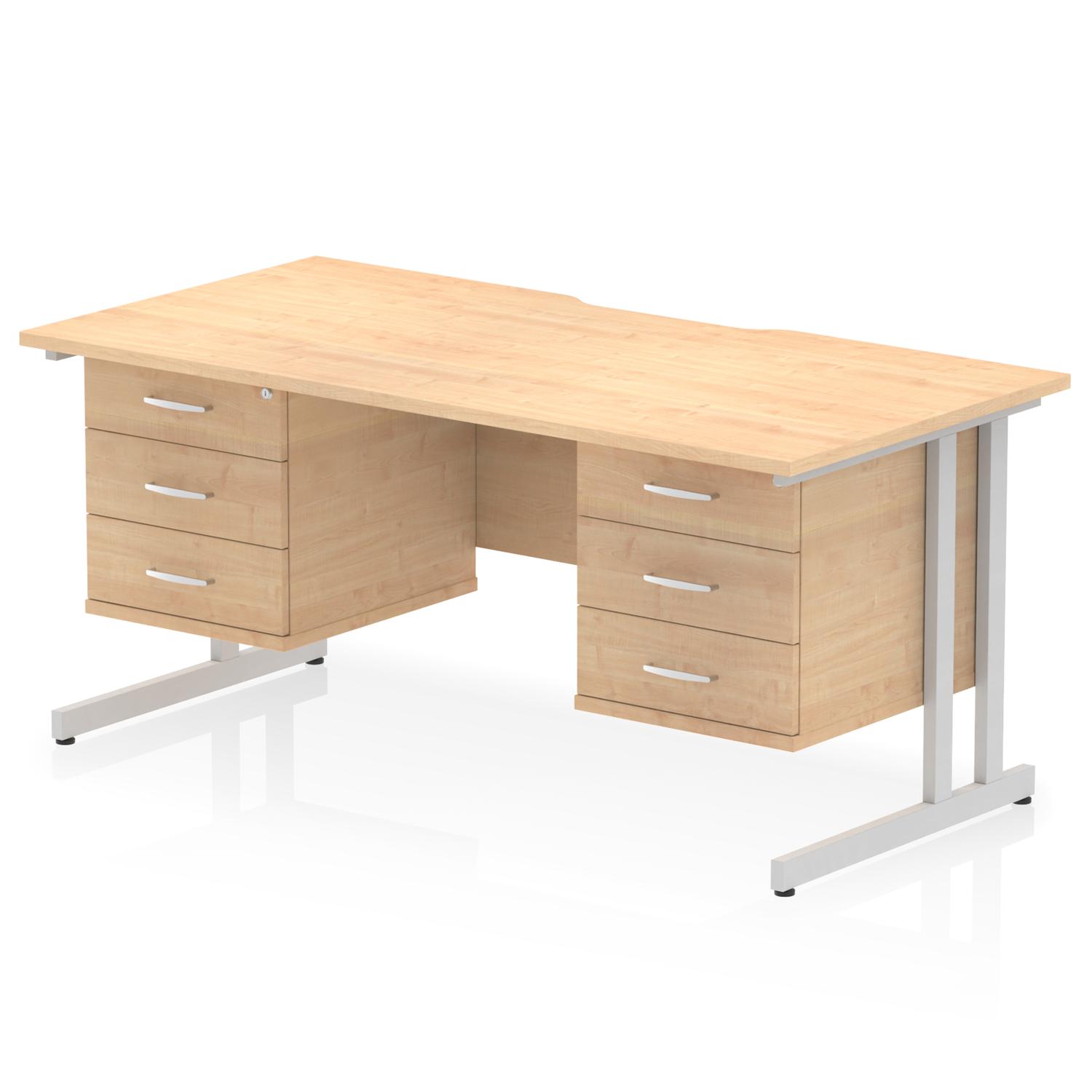 Impulse 1600 x 800mm Scalloped Edge Straight Office Desk Maple Top Silver Cantilever Leg Workstation 2 x 3 Drawer Fixed Pedestal