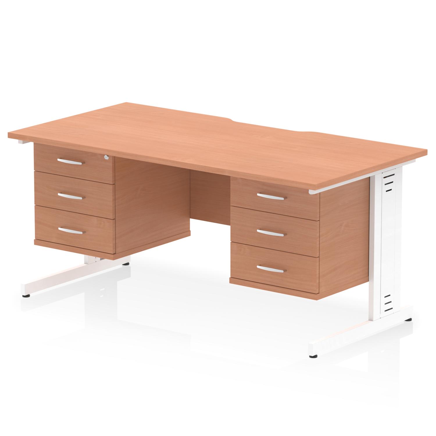 Impulse 1600 x 800mm Scalloped Edge Straight Office Desk Beech Top White Cable Managed Leg Workstation 2 x 3 Drawer Fixed Pedestal