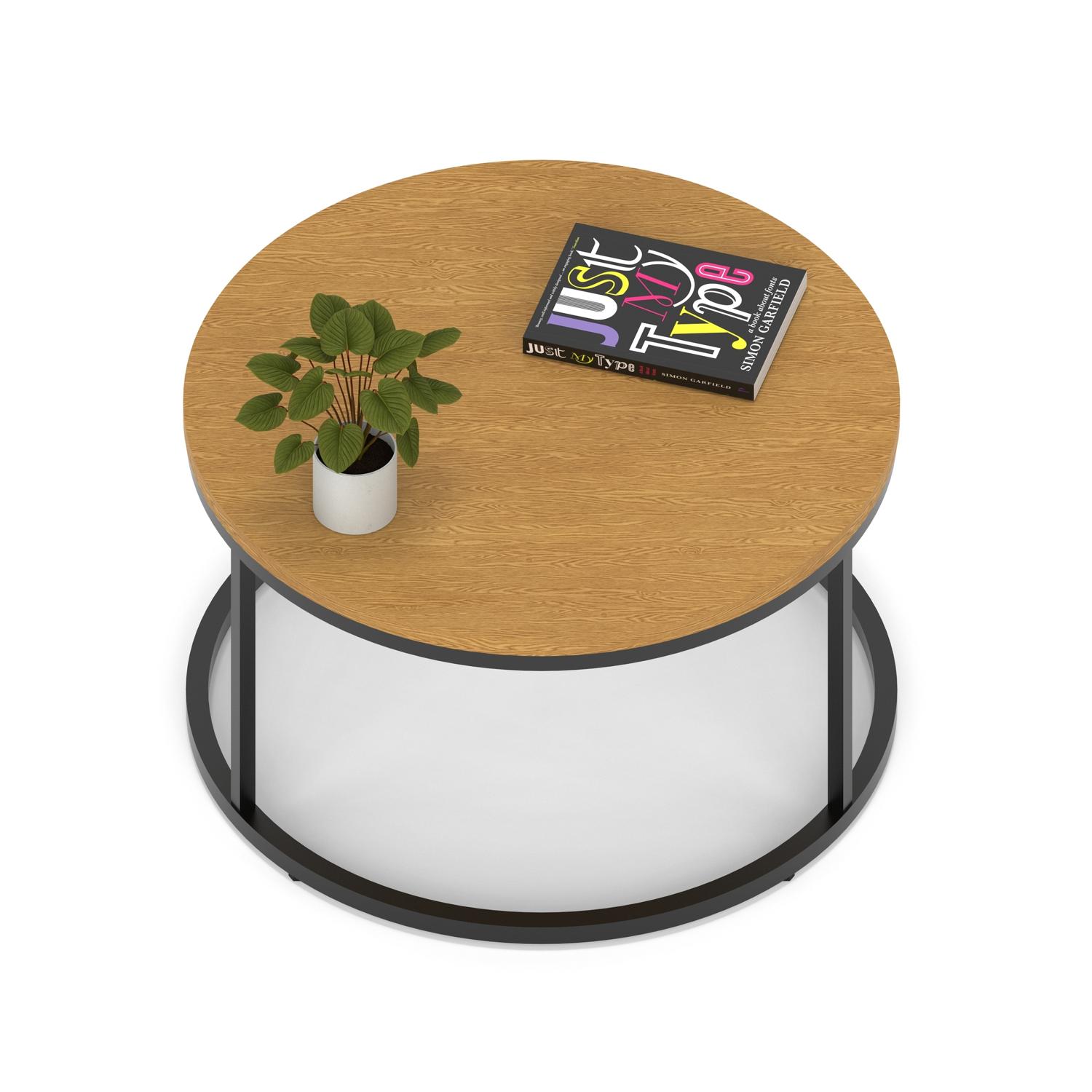 Impulse 800mm Round Coffee Table With Metal Frame Oak Top Black Leg