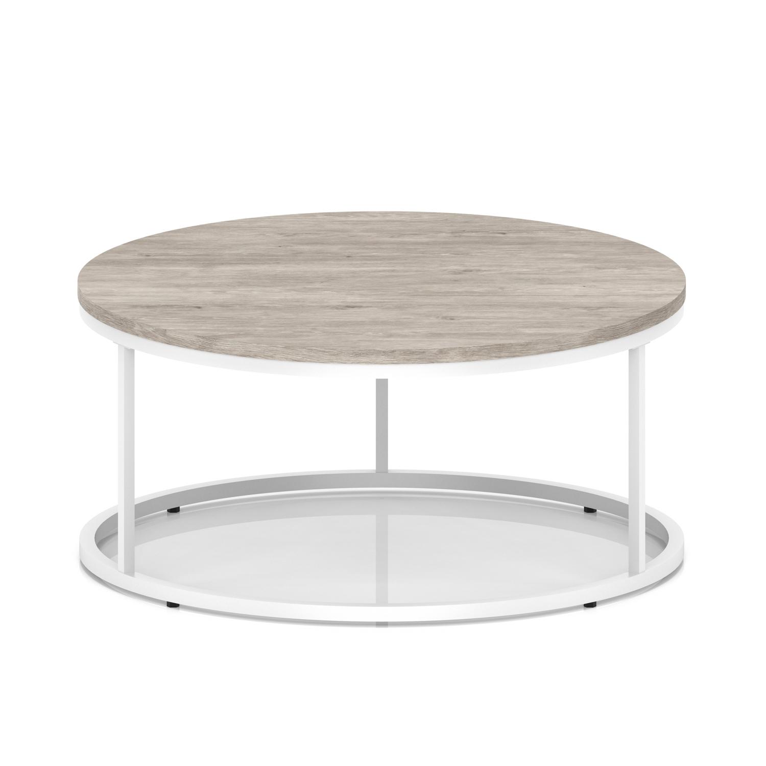 Impulse 1000mm Round Coffee Table With Metal Frame Grey Oak Top White Leg