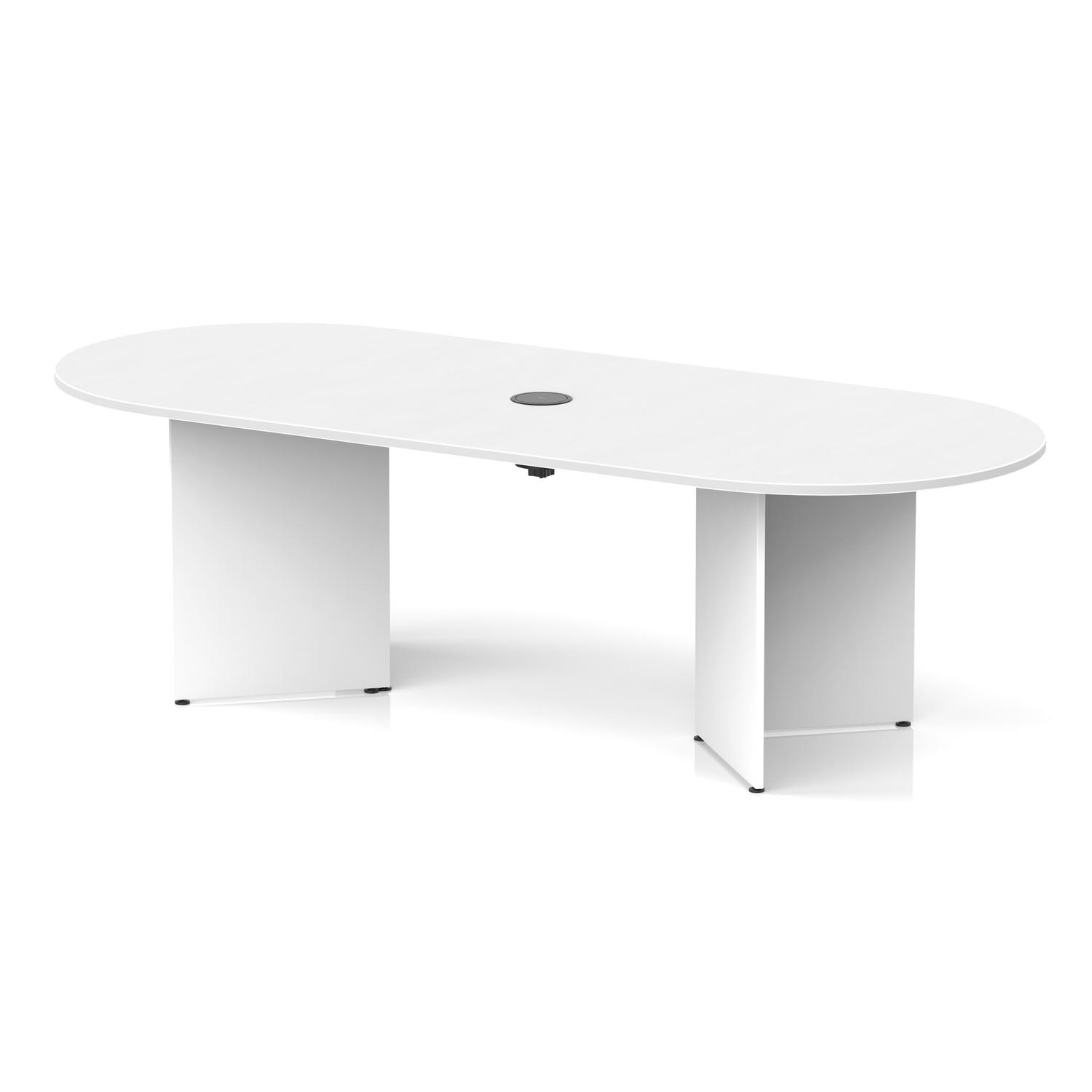 Impulse Volta 2400mm Boardroom Table With Black Pop-up Power Module White Top Arrowhead Leg