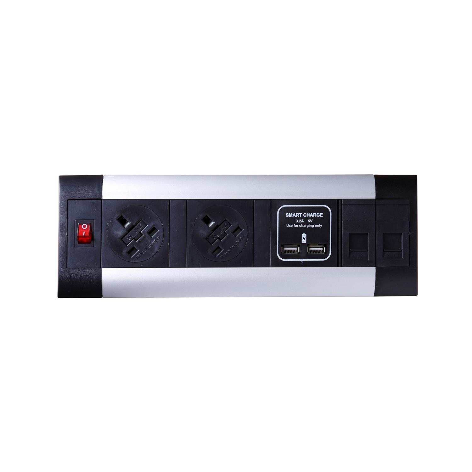 Impulse Desktop Module 2 x UK Sockets, 1 x Neon Switch, 1 x 500mm Lead to 3 Pole Connector with 1 x Smart Charge & 2 x CAT5E Data in Black