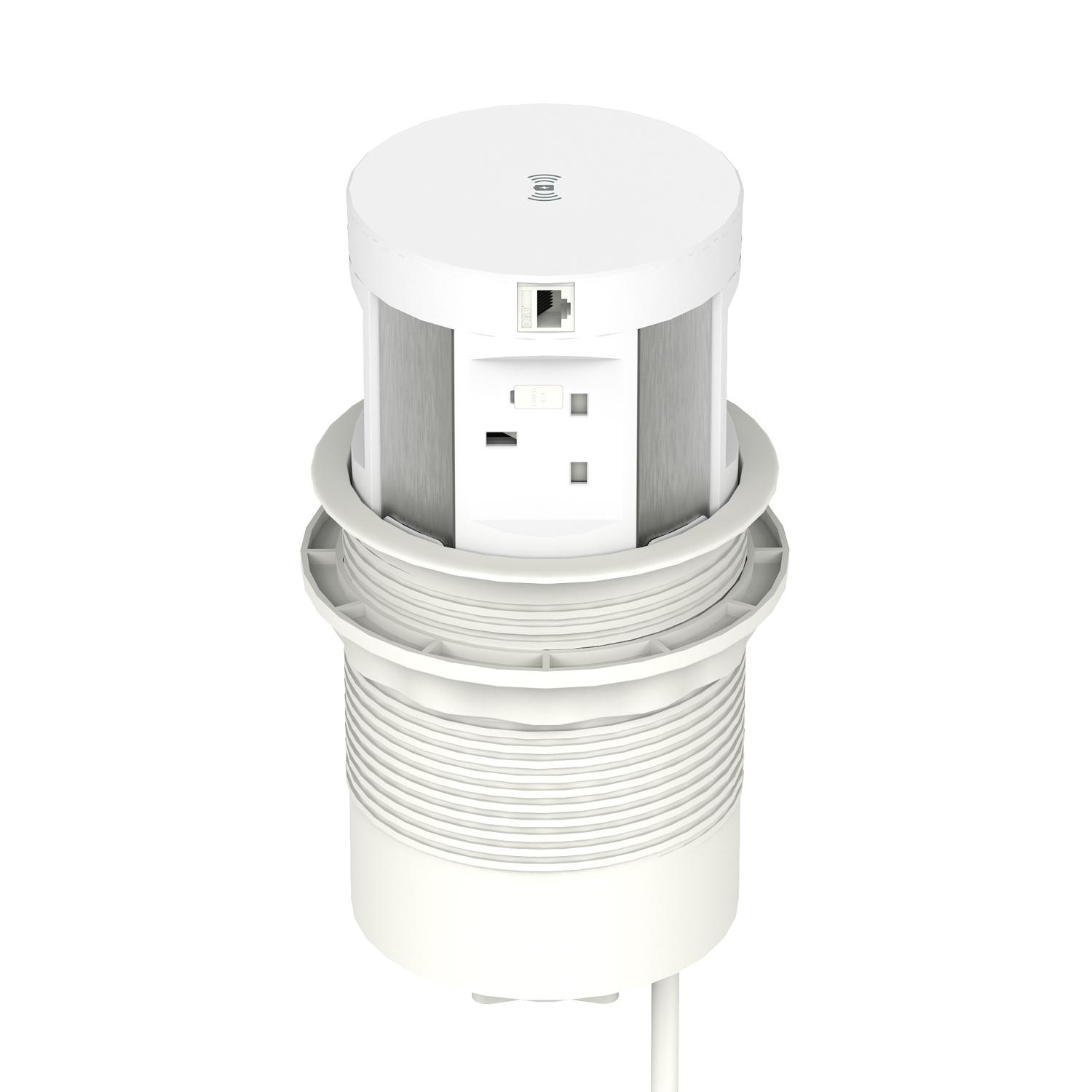 Volta Round 120mm Pop Up Power Unit Module with Wireless Charger (5w) / 4xSocket (Individually 5A Fuse)/ 1xUSBa & 1xUSBc (15.5w shared)/ 1xHDMI (1.4)/