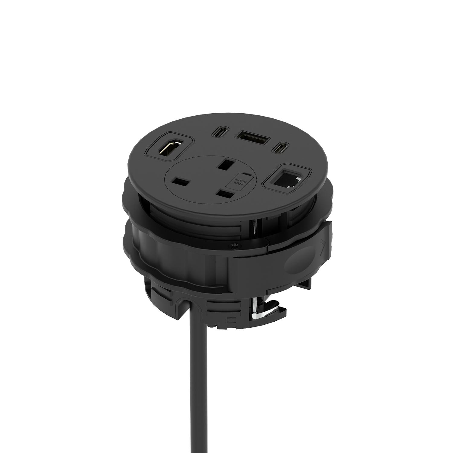 Volta Round 80mm Power Unit Module 1xSocket (3.15A Fuse) / 1xUSBa & 2xUSBc (45w shared)/ 1xHDMI (1.4)/ 1xCAT 6Data Port - Black with 2metre Mains Lead
