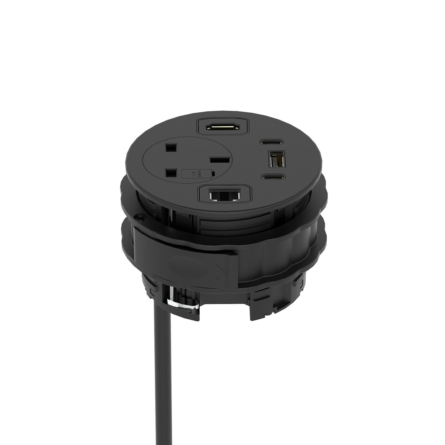 Volta Round 80mm Power Unit Module 1xSocket (3.15A Fuse) / 1xUSBa & 2xUSBc (45w shared)/ 1xHDMI (1.4)/ 1xCAT 6Data Port - Black with 2metre Mains Lead