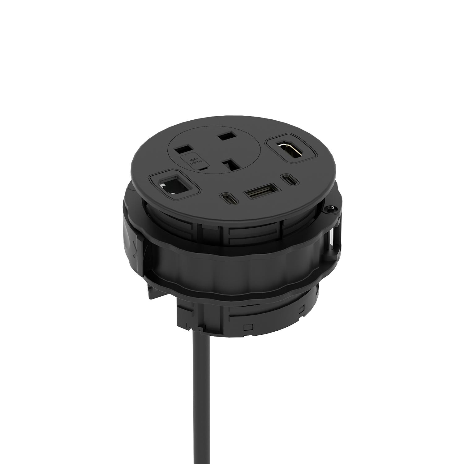 Volta Round 80mm Power Unit Module 1xSocket (3.15A Fuse) / 1xUSBa & 2xUSBc (45w shared)/ 1xHDMI (1.4)/ 1xCAT 6Data Port - Black with 2metre Mains Lead