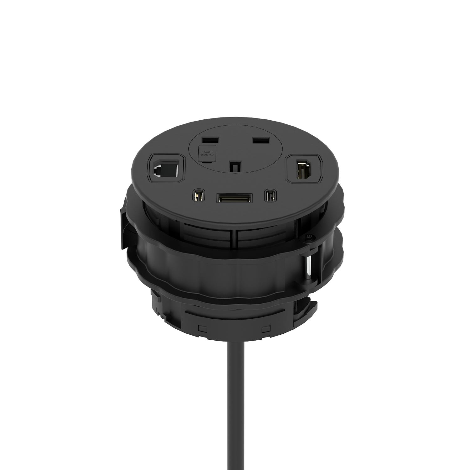 Volta Round 80mm Power Unit Module 1xSocket (3.15A Fuse) / 1xUSBa & 2xUSBc (45w shared)/ 1xHDMI (1.4)/ 1xCAT 6Data Port - Black with 2metre Mains Lead