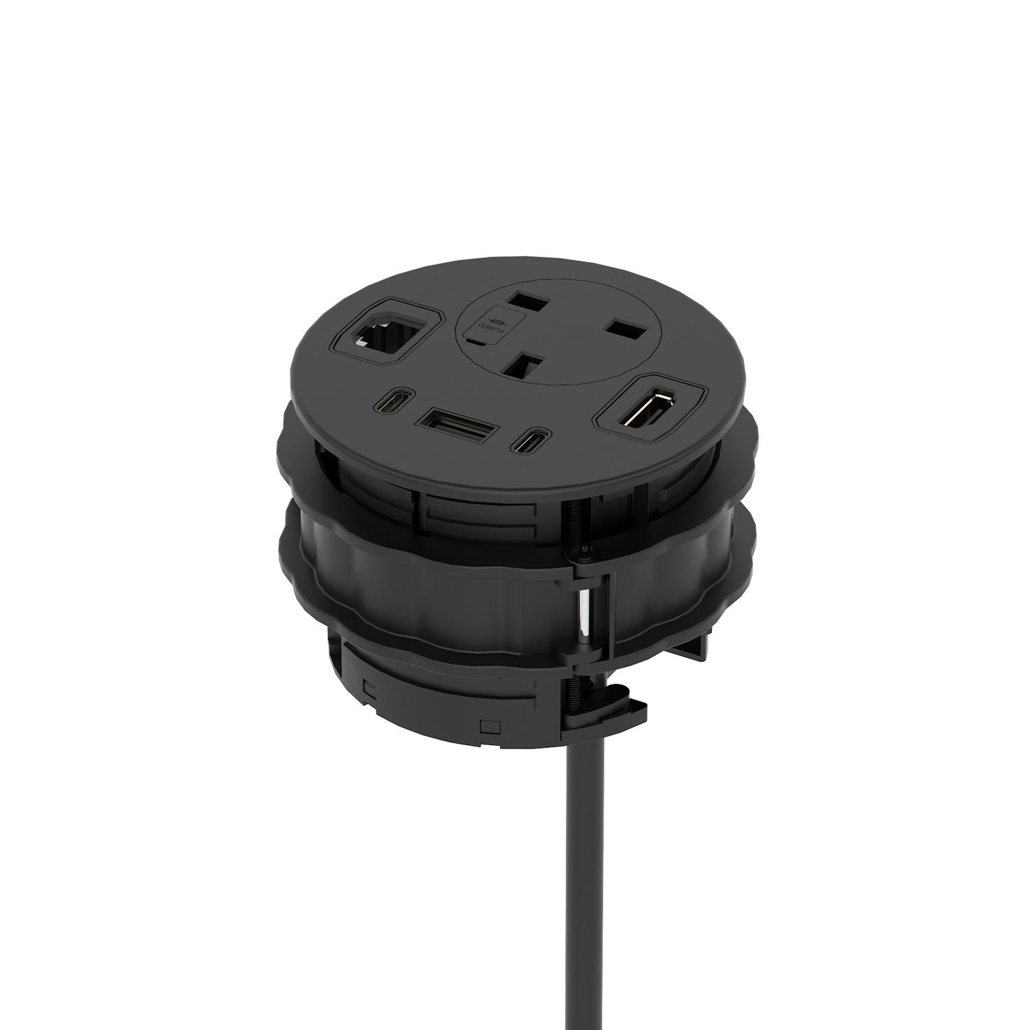 Volta Round 80mm Power Unit Module 1xSocket (3.15A Fuse) / 1xUSBa & 2xUSBc (45w shared)/ 1xHDMI (1.4)/ 1xCAT 6Data Port - Black with 2metre Mains Lead