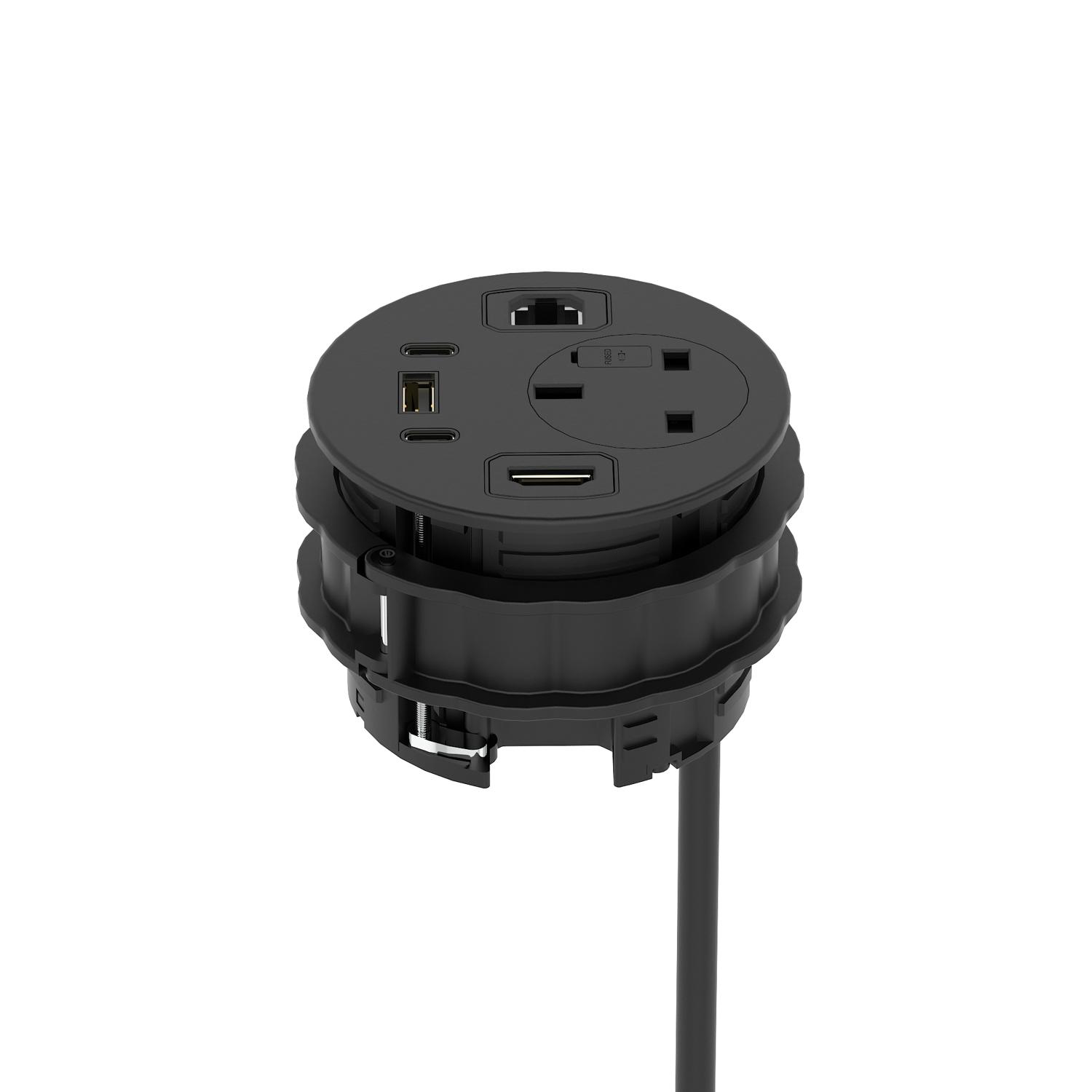 Volta Round 80mm Power Unit Module 1xSocket (3.15A Fuse) / 1xUSBa & 2xUSBc (45w shared)/ 1xHDMI (1.4)/ 1xCAT 6Data Port - Black with 2metre Mains Lead