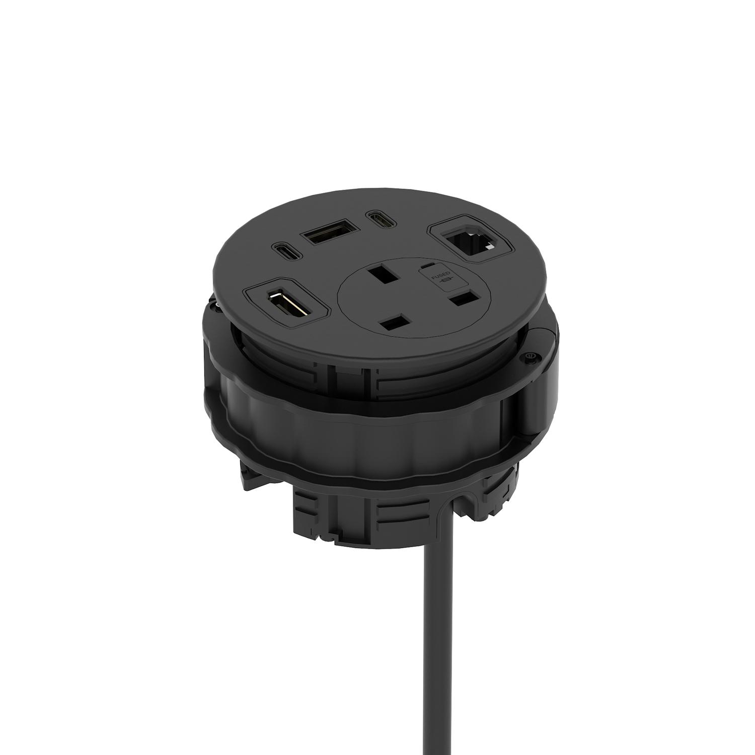 Volta Round 80mm Power Unit Module 1xSocket (3.15A Fuse) / 1xUSBa & 2xUSBc (45w shared)/ 1xHDMI (1.4)/ 1xCAT 6Data Port - Black with 2metre Mains Lead