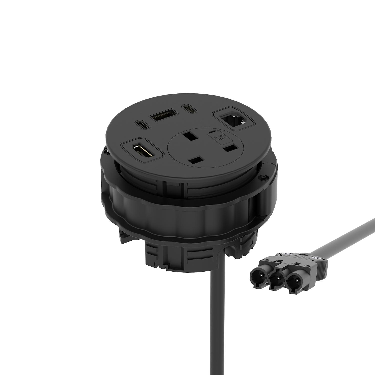 Volta Round 80mm Power Unit Module 1xSocket (3.15A Fuse) / 1xUSBa & 2xUSBc (45w shared)/ 1xHDMI (1.4)/ 1xCAT 6Data Port - Black with 2metre Mains Lead