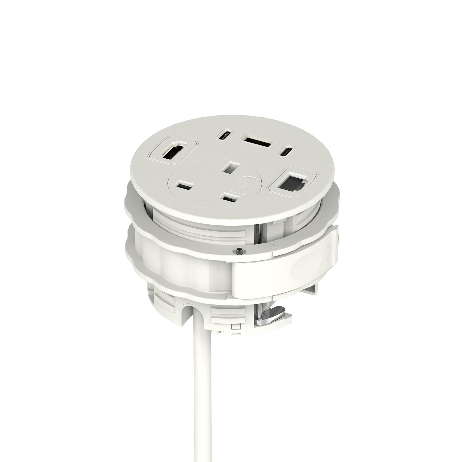 Volta Round 80mm Power Unit Module 1xSocket (3.15A Fuse) / 1xUSBa & 2xUSBc (45w shared)/ 1xHDMI (1.4)/ 1xCAT 6Data Port - White  with 2metre Mains Lea