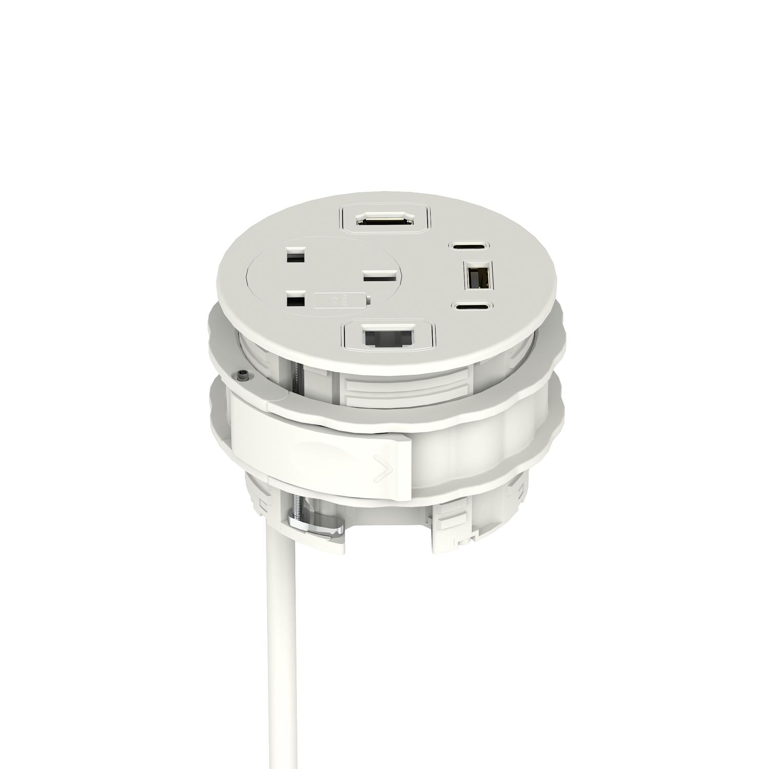 Volta Round 80mm Power Unit Module 1xSocket (3.15A Fuse) / 1xUSBa & 2xUSBc (45w shared)/ 1xHDMI (1.4)/ 1xCAT 6Data Port - White  with 2metre Mains Lea