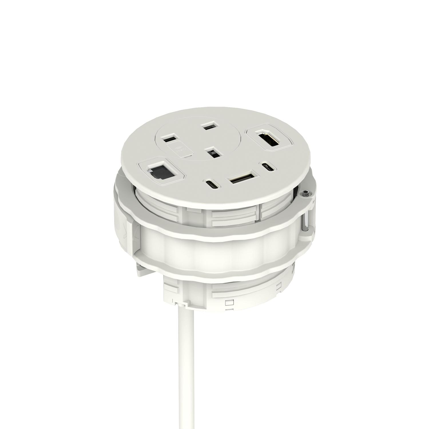 Volta Round 80mm Power Unit Module 1xSocket (3.15A Fuse) / 1xUSBa & 2xUSBc (45w shared)/ 1xHDMI (1.4)/ 1xCAT 6Data Port - White  with 2metre Mains Lea