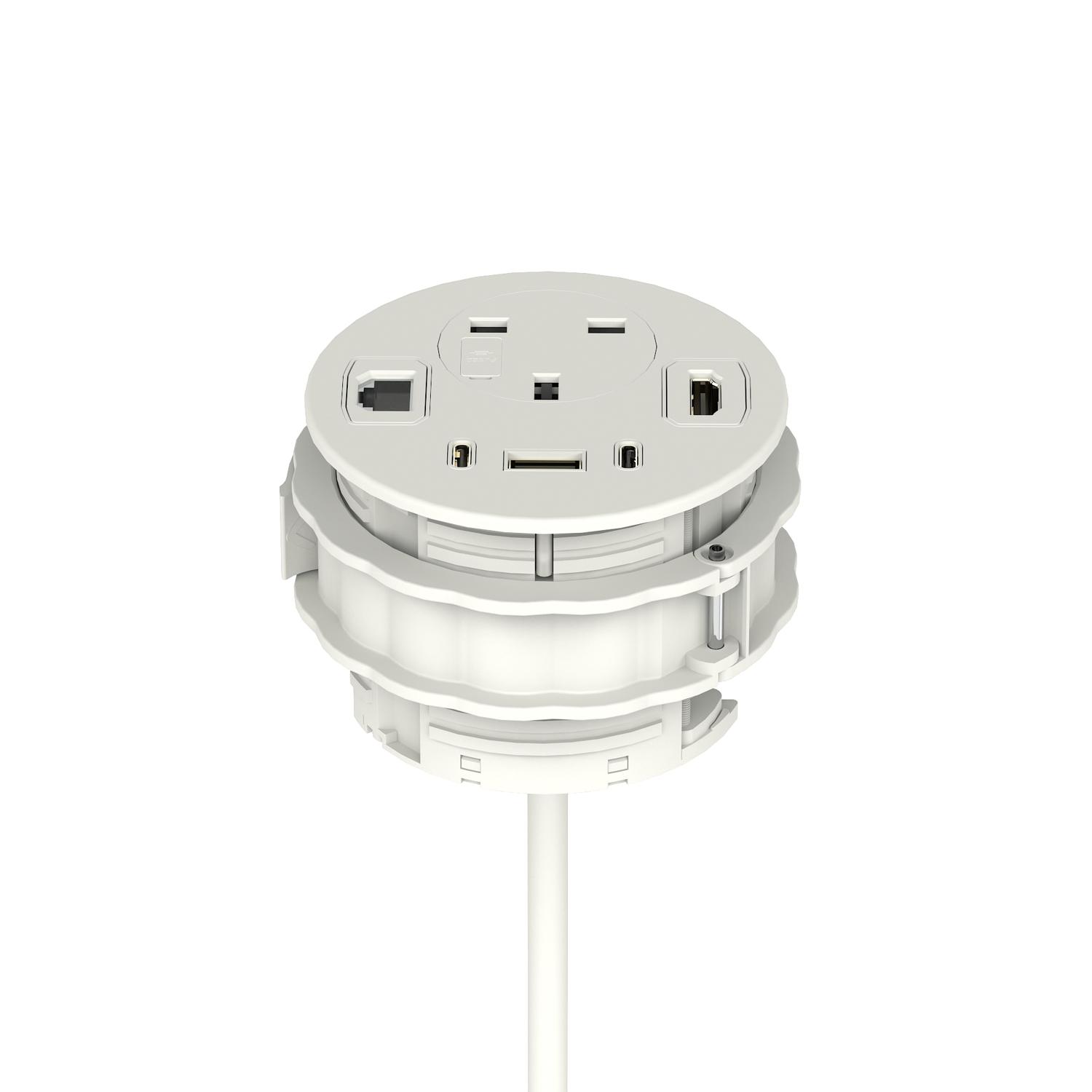 Volta Round 80mm Power Unit Module 1xSocket (3.15A Fuse) / 1xUSBa & 2xUSBc (45w shared)/ 1xHDMI (1.4)/ 1xCAT 6Data Port - White  with 2metre Mains Lea
