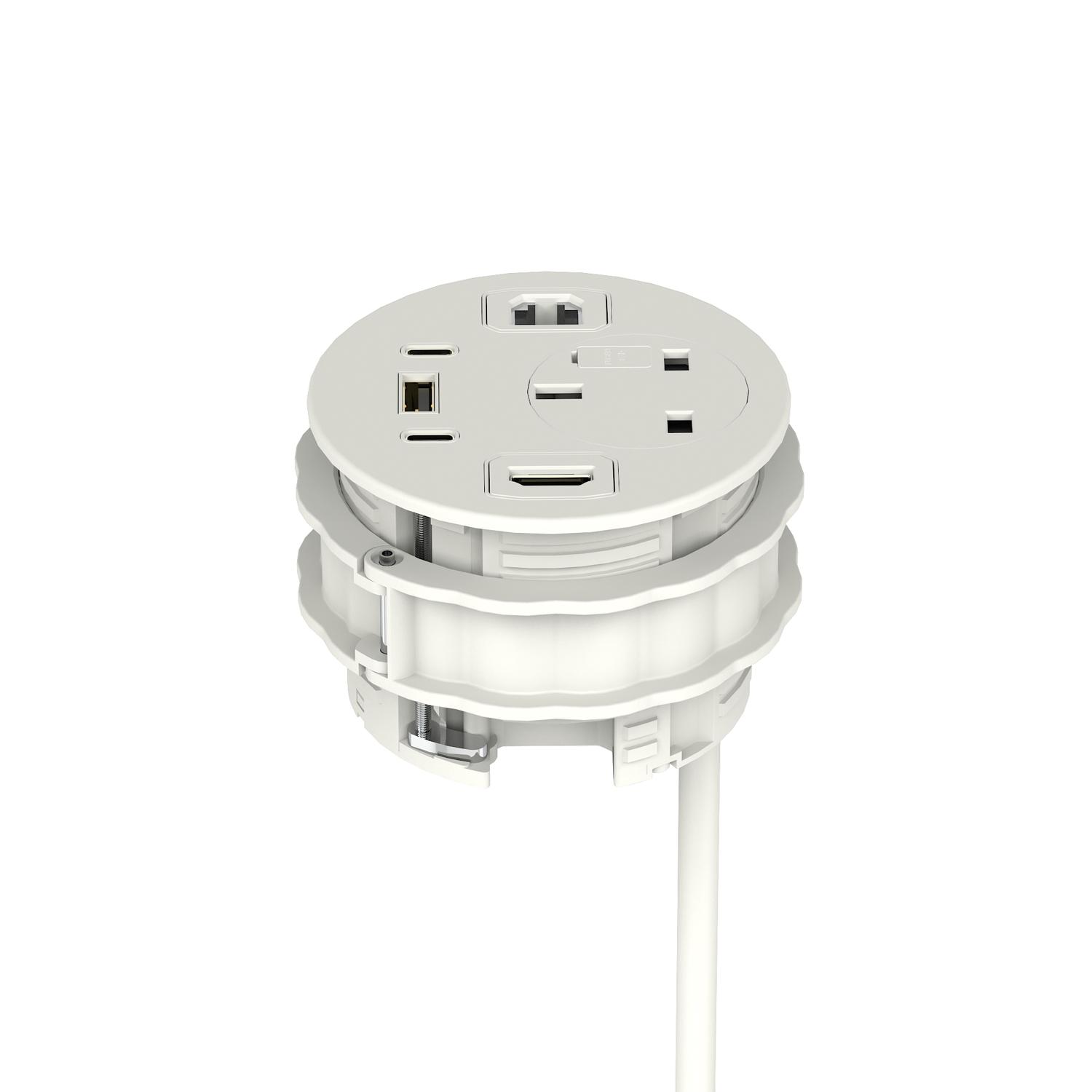 Volta Round 80mm Power Unit Module 1xSocket (3.15A Fuse) / 1xUSBa & 2xUSBc (45w shared)/ 1xHDMI (1.4)/ 1xCAT 6Data Port - White  with 2metre Mains Lea