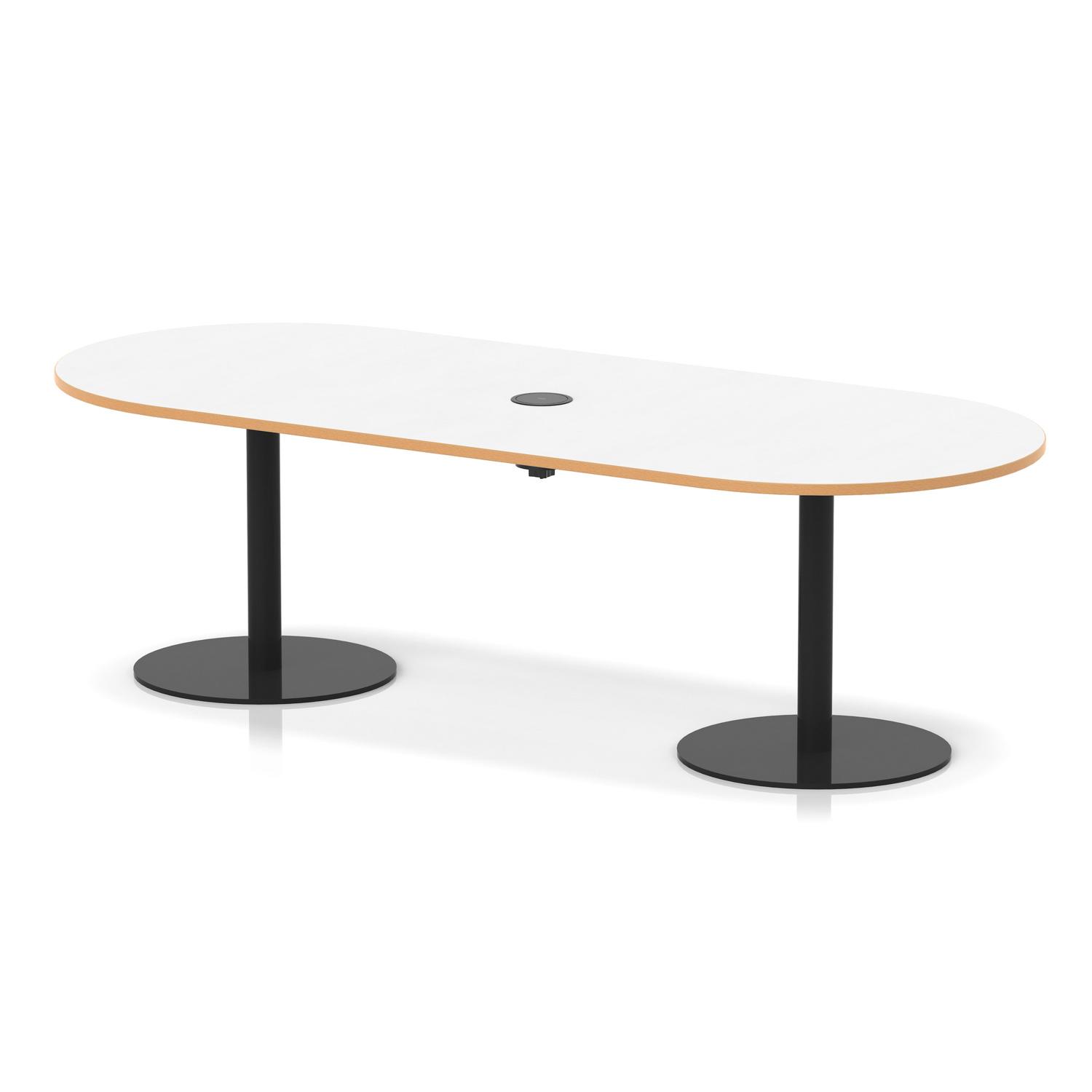 Italia Volta 2400mm Poseur Boardroom Table With Pop-up Power Module White Top Natural Wood Edge 720mm High Black Leg