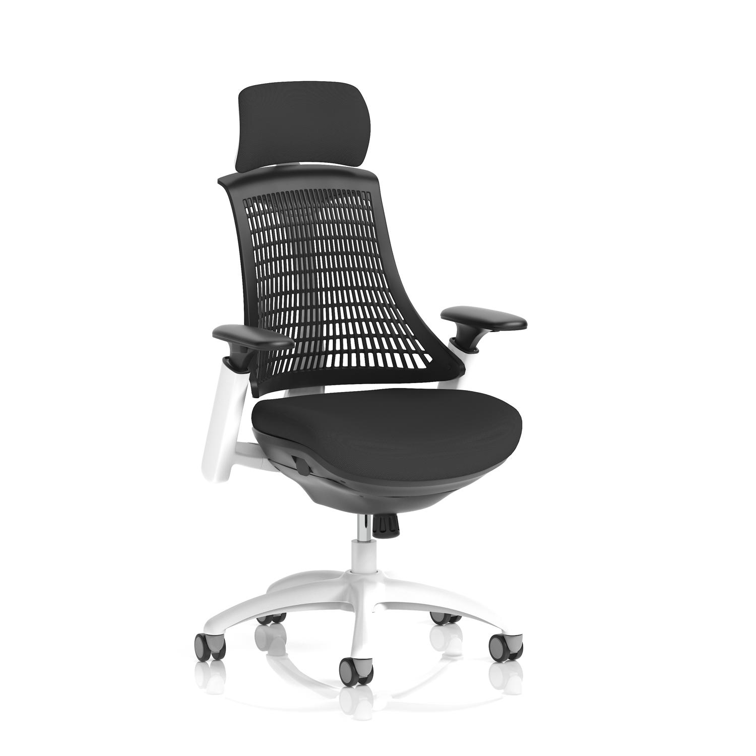 Flex Task Operator Chair White Frame Black Fabric Seat With Headrest Black Back