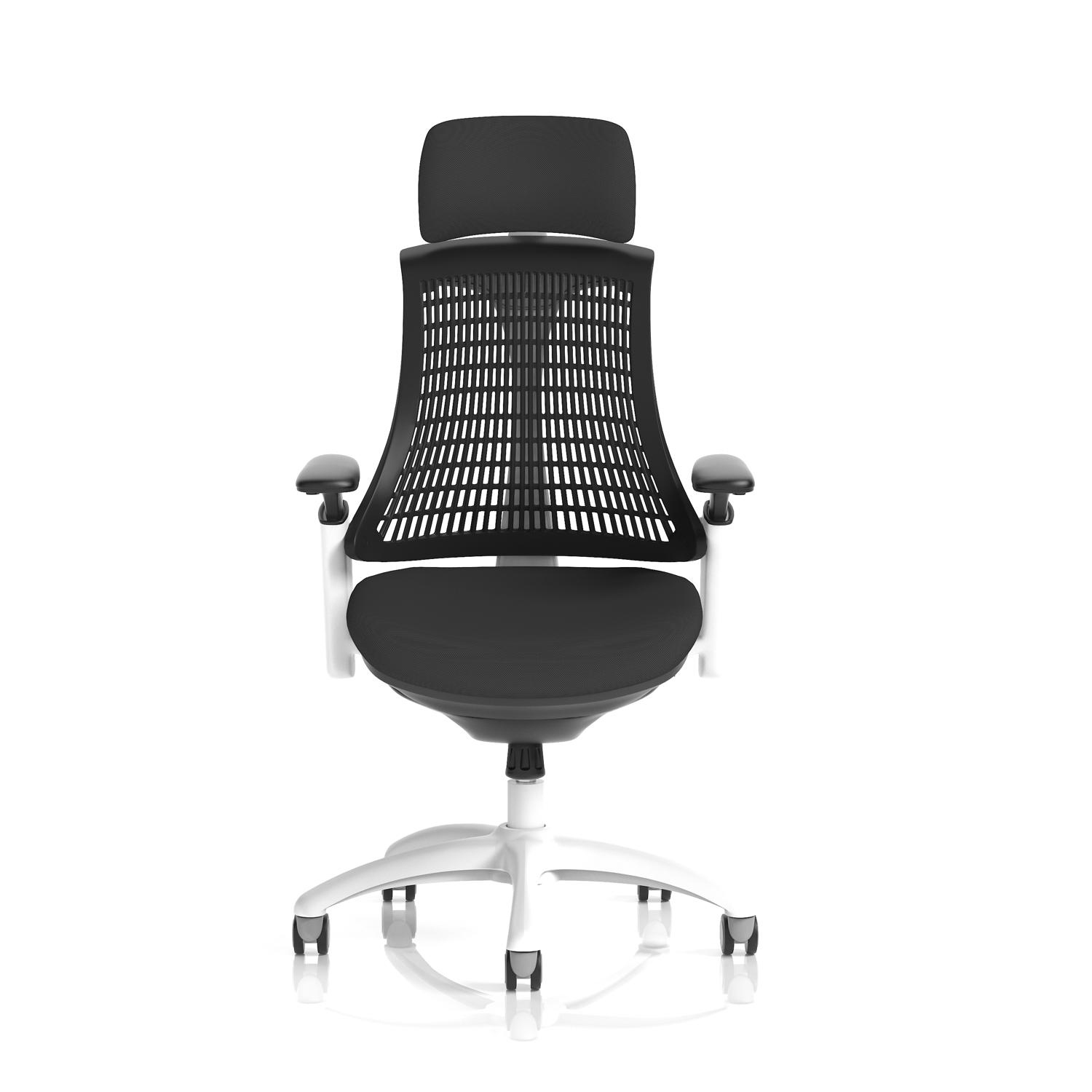 Flex Task Operator Chair White Frame Black Fabric Seat With Headrest Black Back