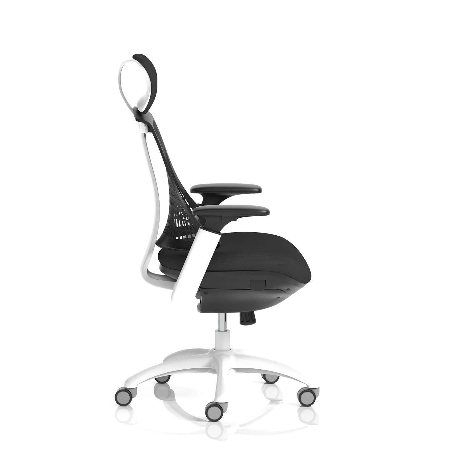 Flex Task Operator Chair White Frame Black Fabric Seat With Headrest Black Back