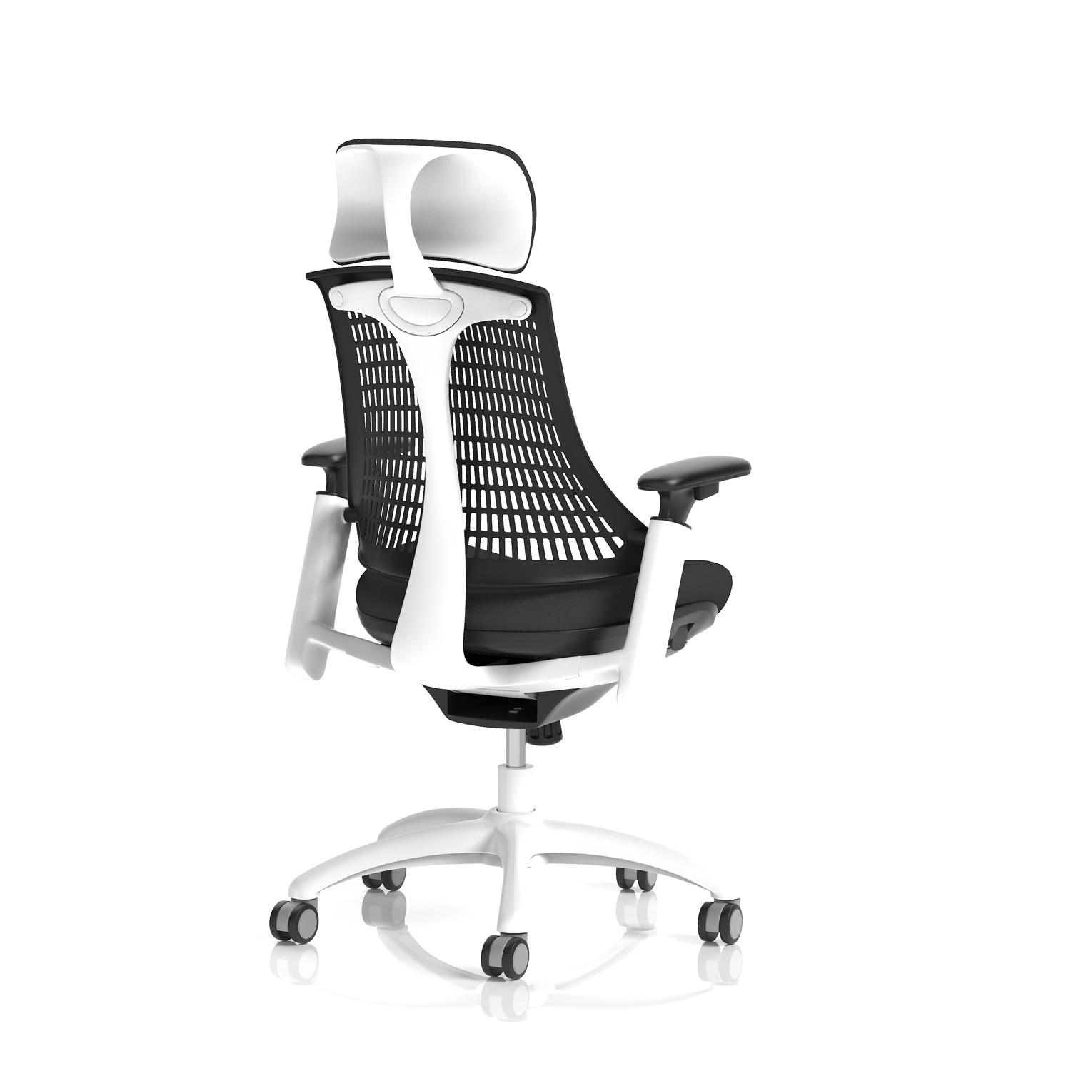 Flex Task Operator Chair White Frame Black Fabric Seat With Headrest Black Back