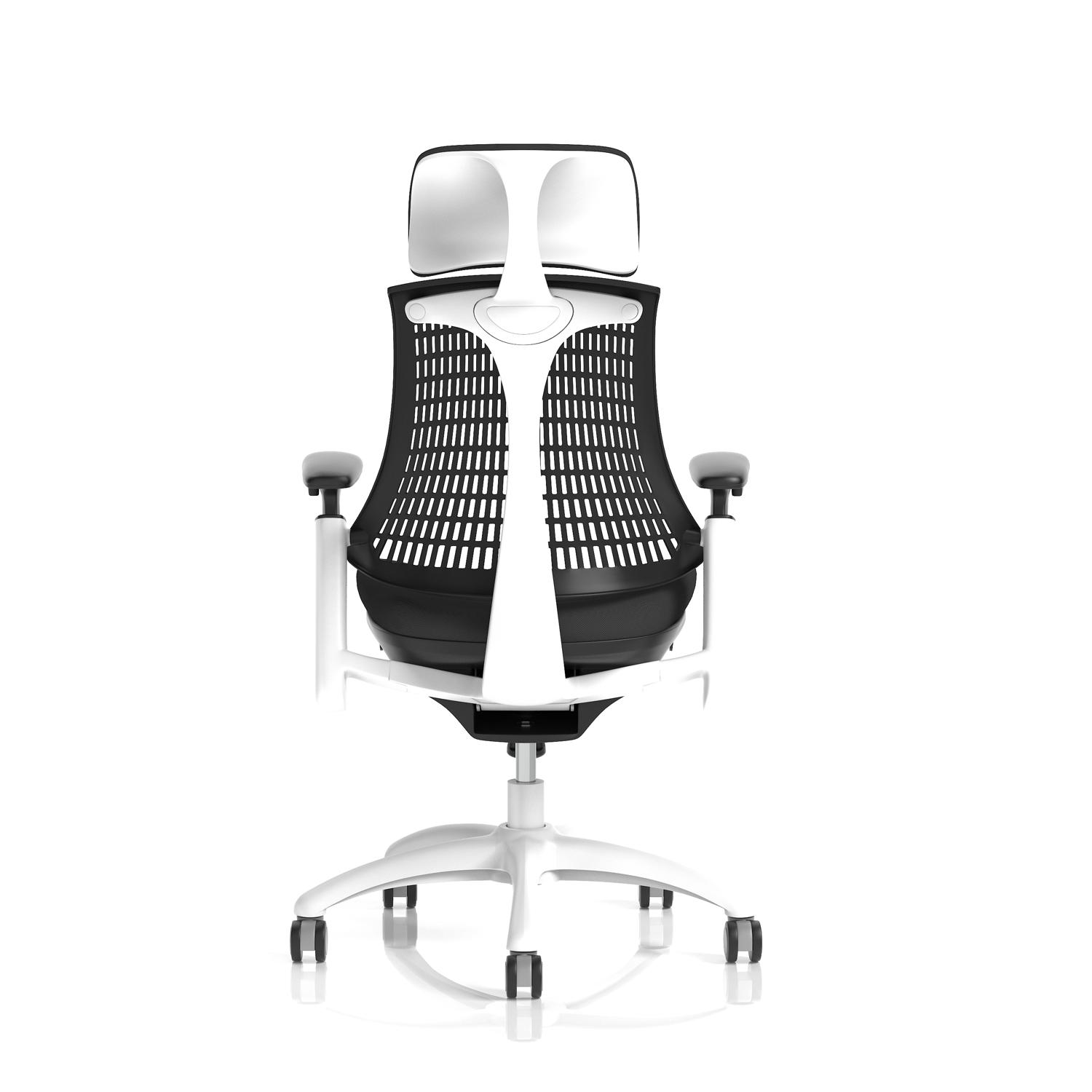Flex Task Operator Chair White Frame Black Fabric Seat With Headrest Black Back