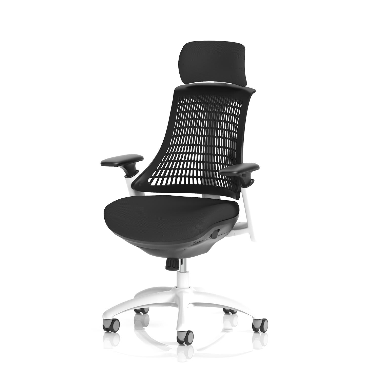 Flex Task Operator Chair White Frame Black Fabric Seat With Headrest Black Back