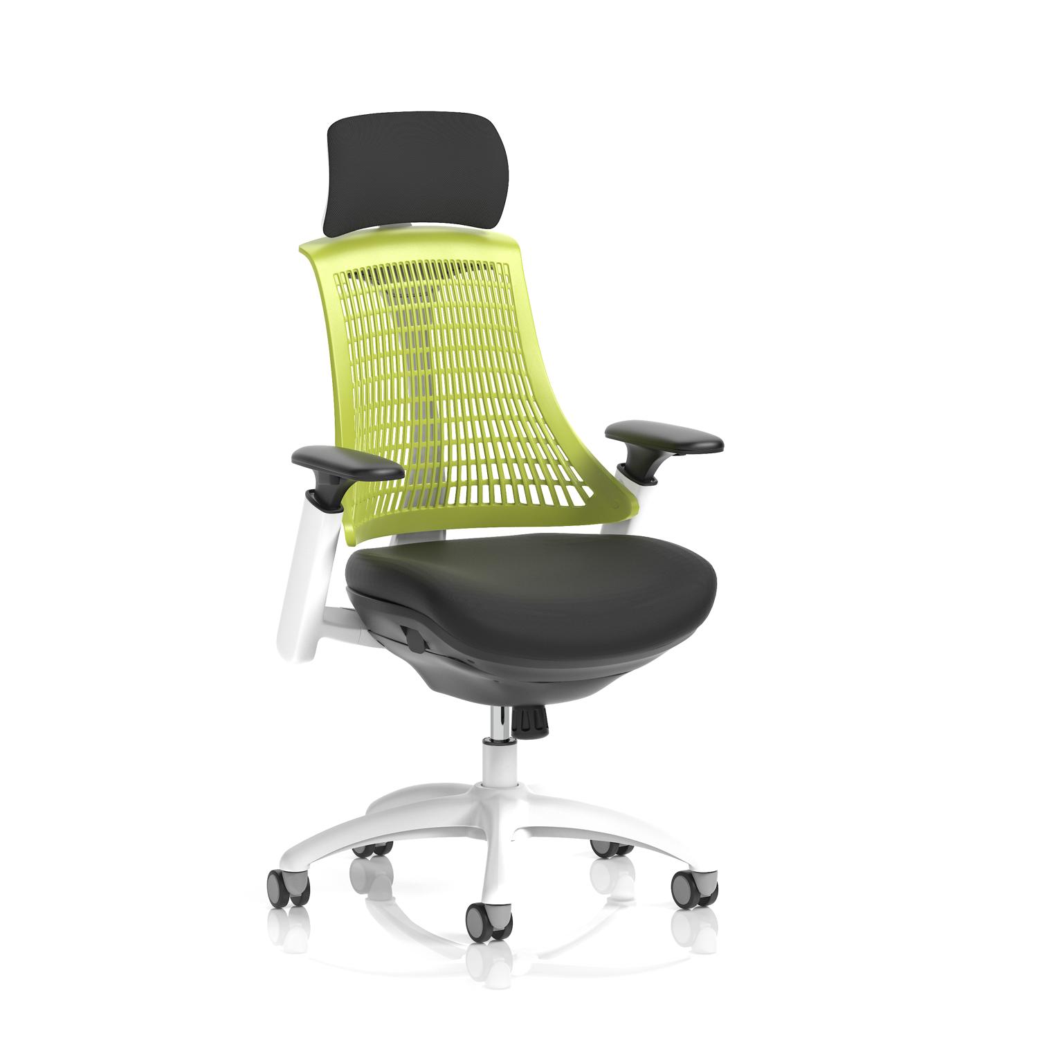 Flex Task Operator Chair White Frame Black Fabric Seat With Headrest Green Back