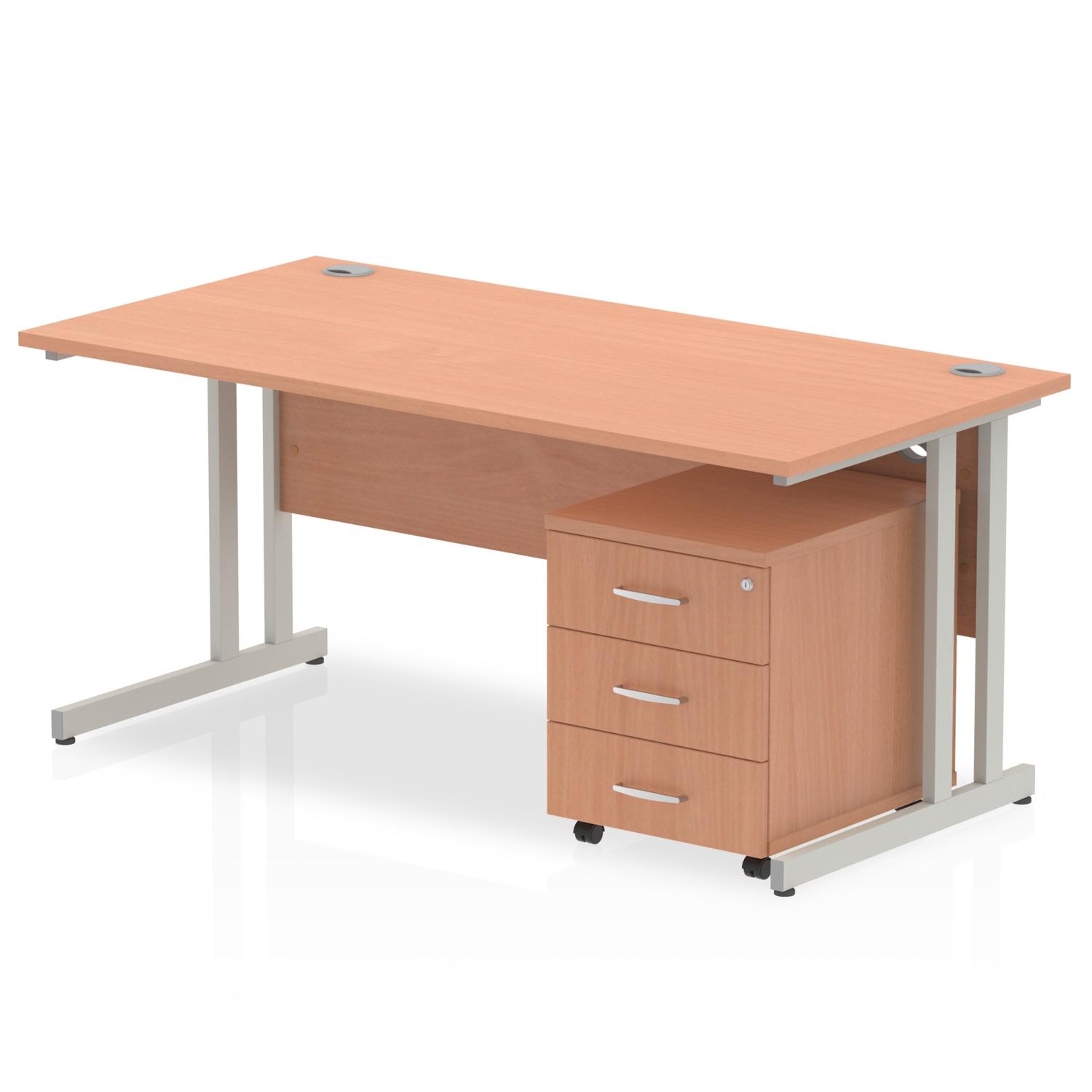 Impulse 1400 x 800mm Straight Office Desk Beech Top Silver Cantilever Leg Workstation 3 Drawer Mobile Pedestal