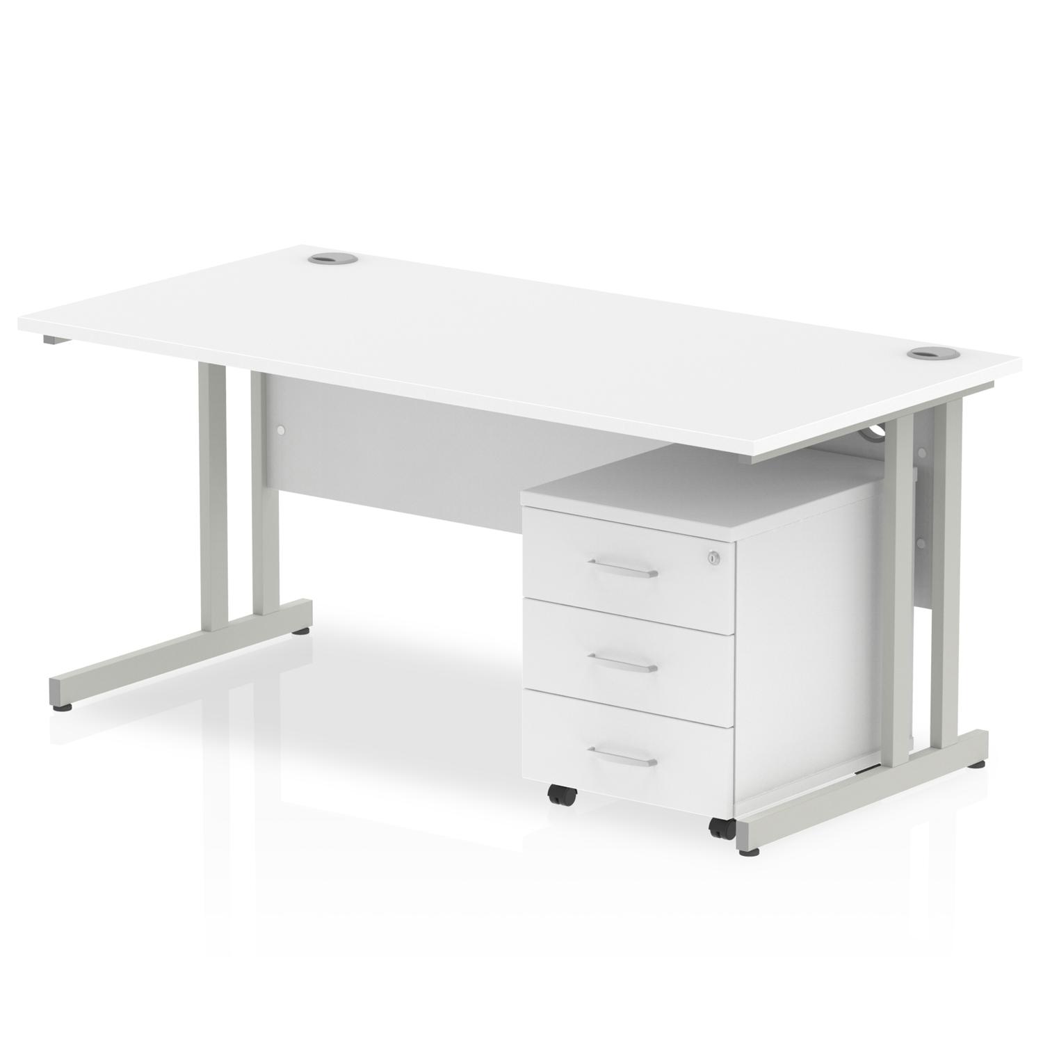 Impulse 1600 x 800mm Straight Office Desk White Top Silver Cantilever Leg Workstation 3 Drawer Mobile Pedestal