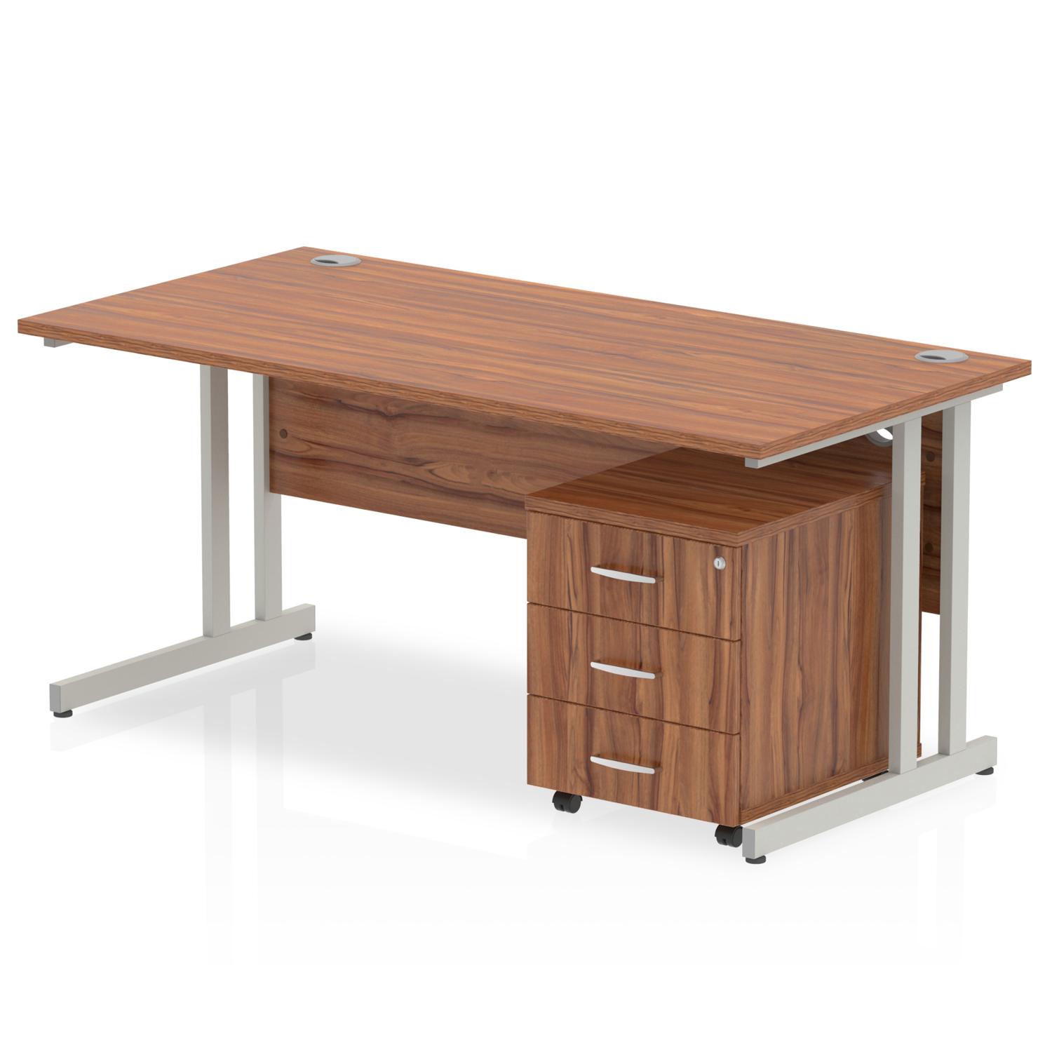 Impulse 1600 x 800mm Straight Office Desk Walnut Top Silver Cantilever Leg Workstation 3 Drawer Mobile Pedestal