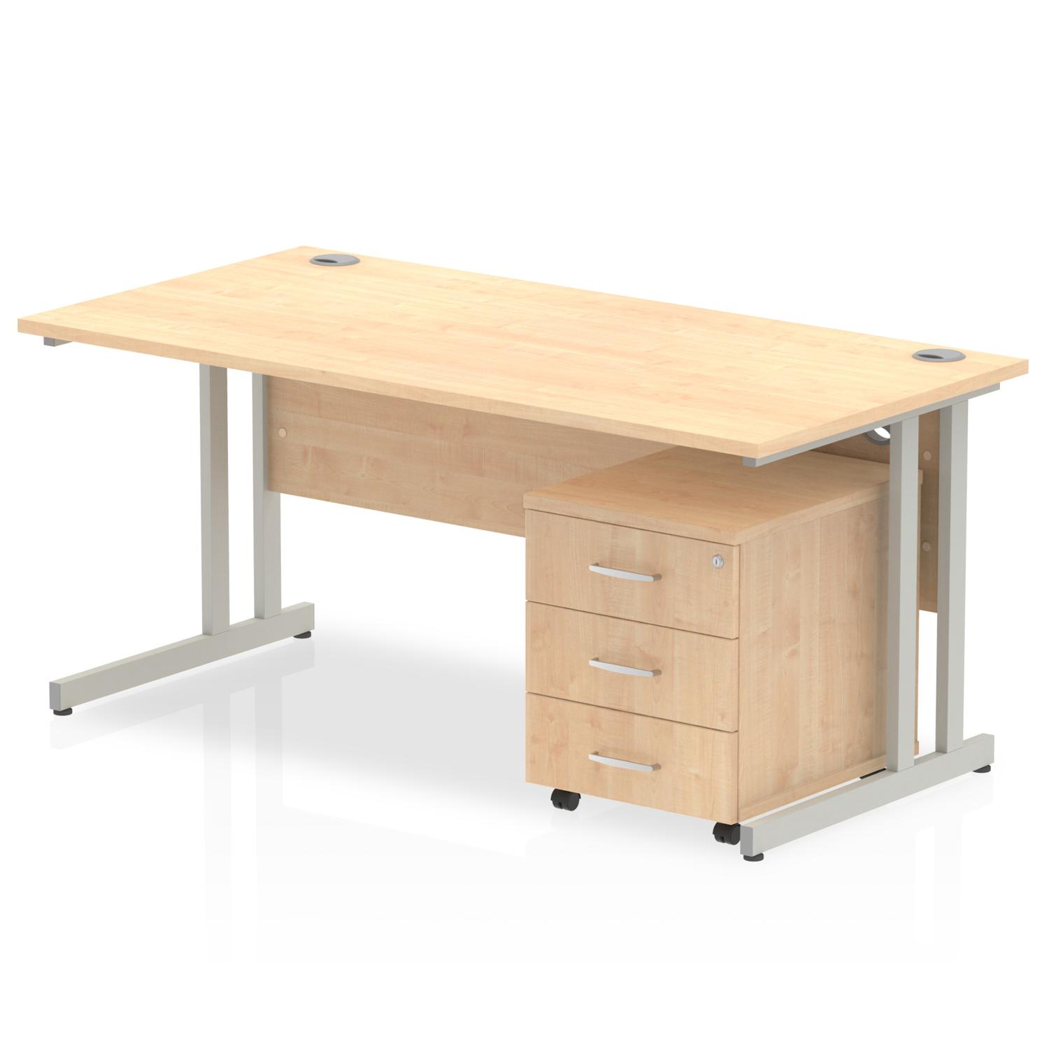Impulse 1200 x 800mm Straight Office Desk Maple Top Silver Cantilever Leg Workstation 3 Drawer Mobile Pedestal