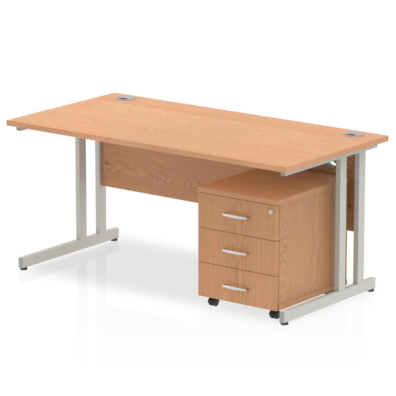 Impulse 1400 x 800mm Straight Office Desk Oak Top Silver Cantilever Leg Workstation 3 Drawer Mobile Pedestal