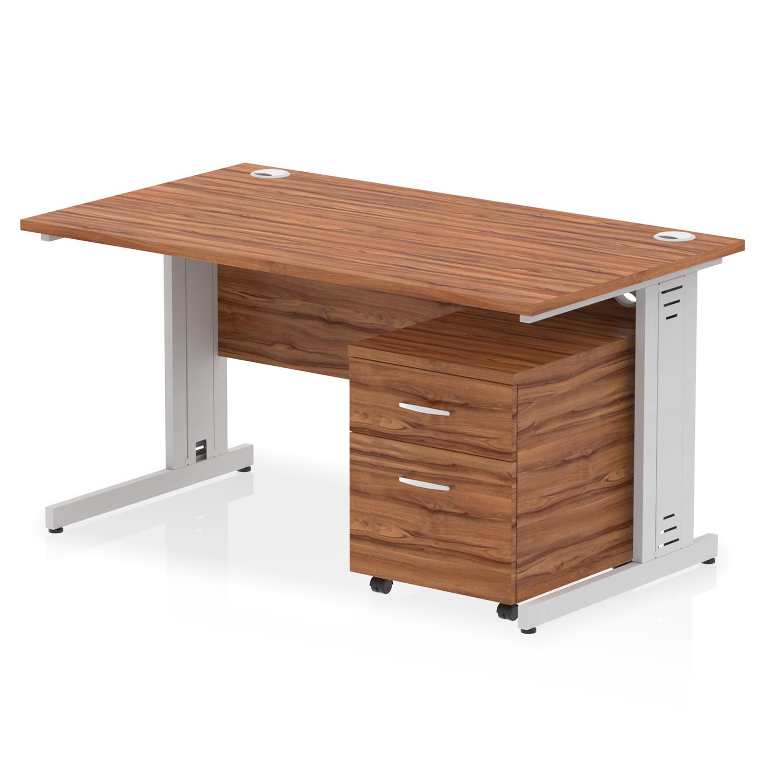 Impulse 1400 x 800mm Straight Office Desk Walnut Top Silver Cable Managed Leg Workstation 2 Drawer Mobile Pedestal