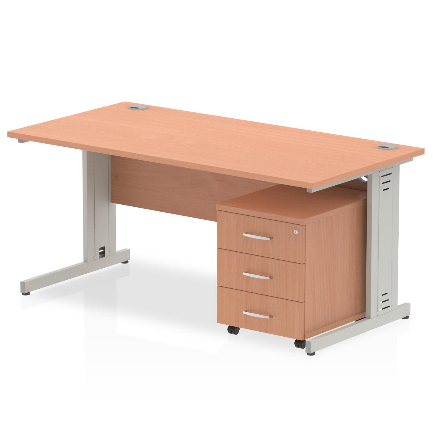 Impulse 1800 x 800mm Straight Office Desk Beech Top Silver Cable Managed Leg Workstation 3 Drawer Mobile Pedestal