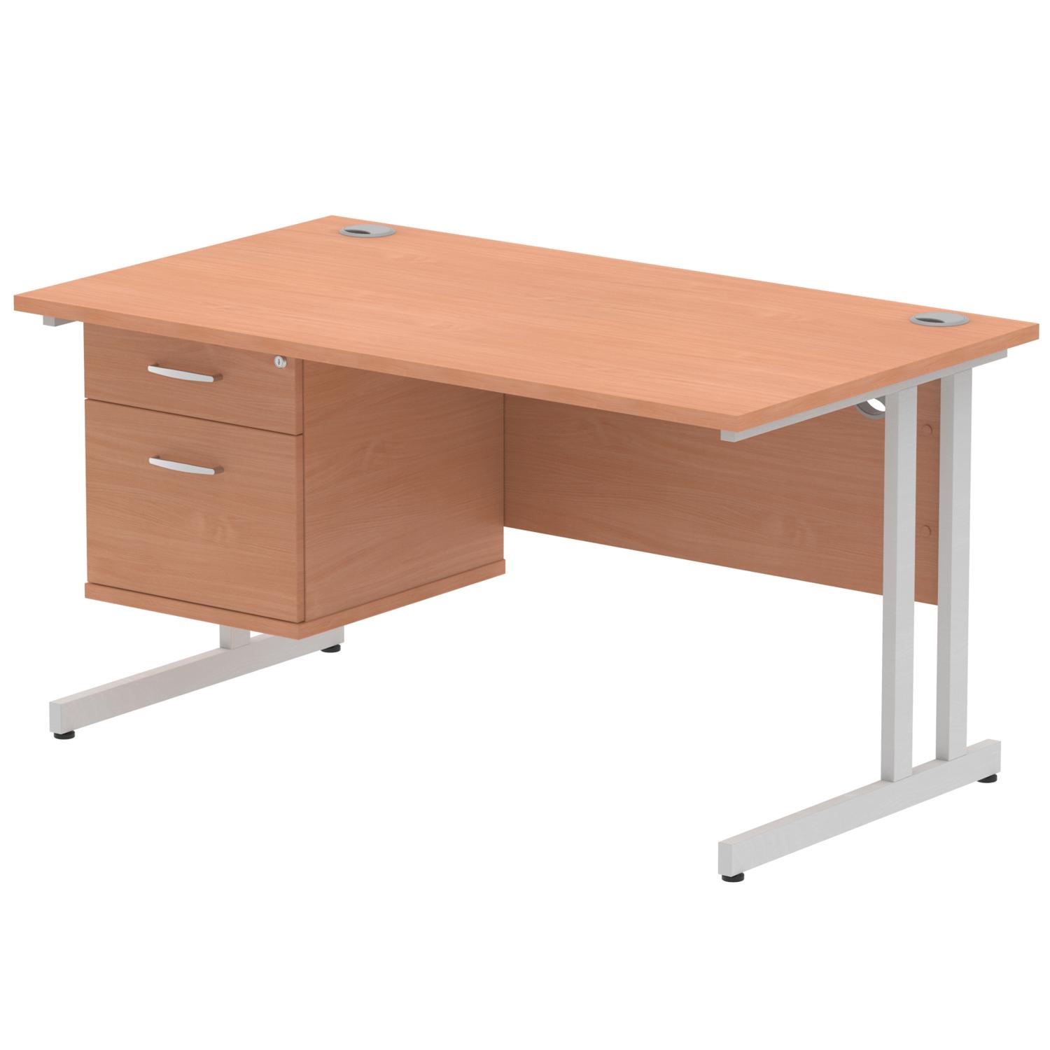 Impulse 1400 x 800mm Straight Office Desk Beech Top Silver Cantilever Leg Workstation 1 x 2 Drawer Fixed Pedestal
