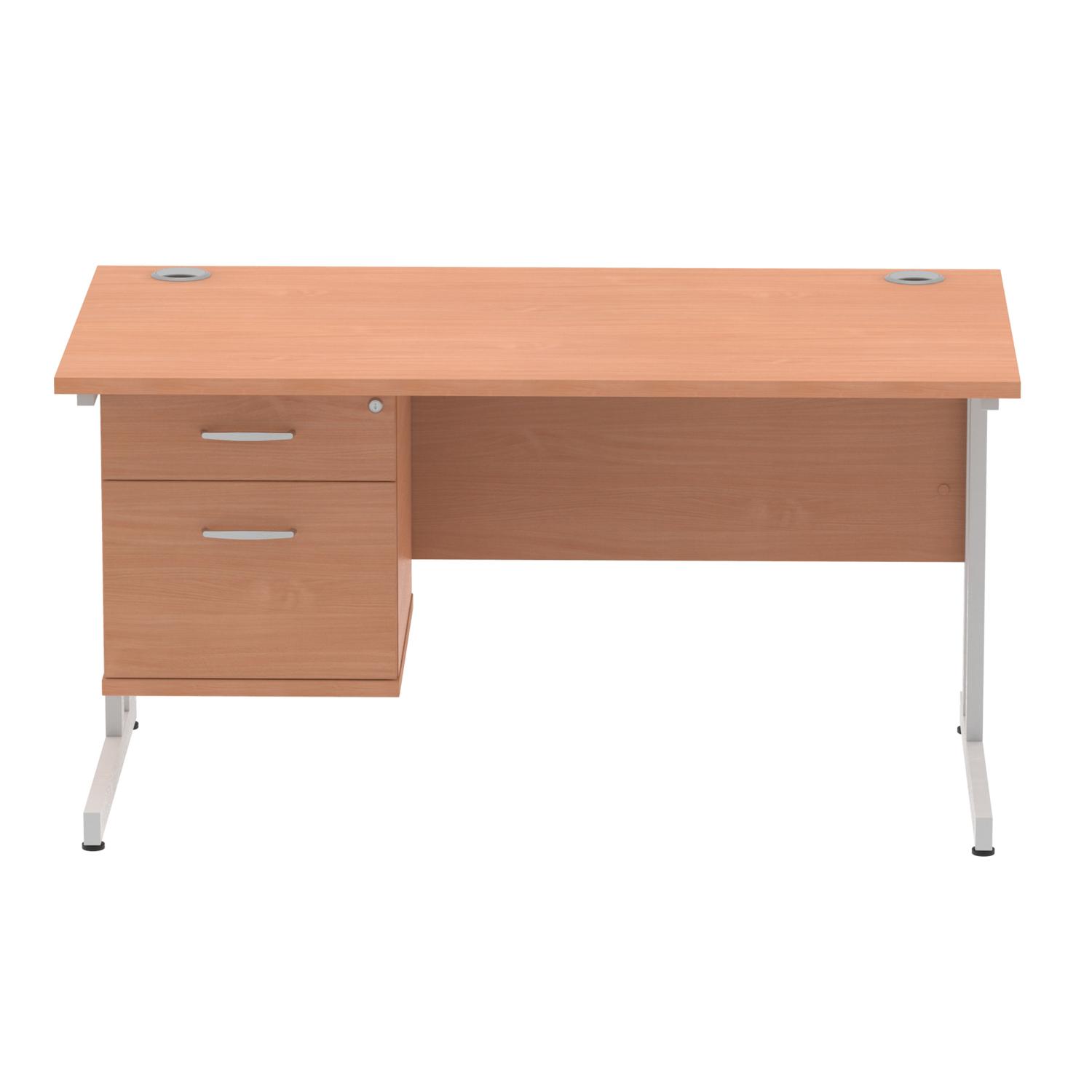 Impulse 1400 x 800mm Straight Office Desk Beech Top Silver Cantilever Leg Workstation 1 x 2 Drawer Fixed Pedestal