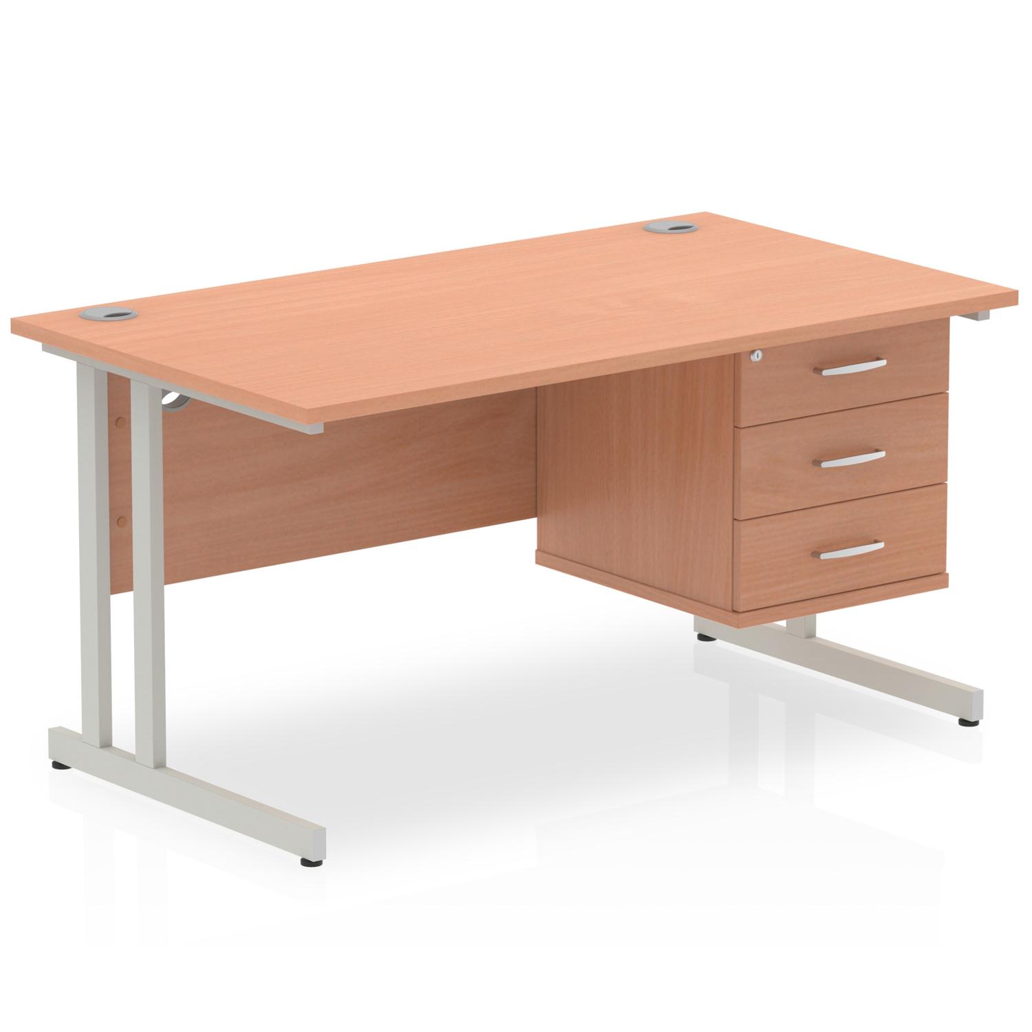 Impulse 1400 x 800mm Straight Office Desk Beech Top Silver Cantilever Leg Workstation 1 x 3 Drawer Fixed Pedestal