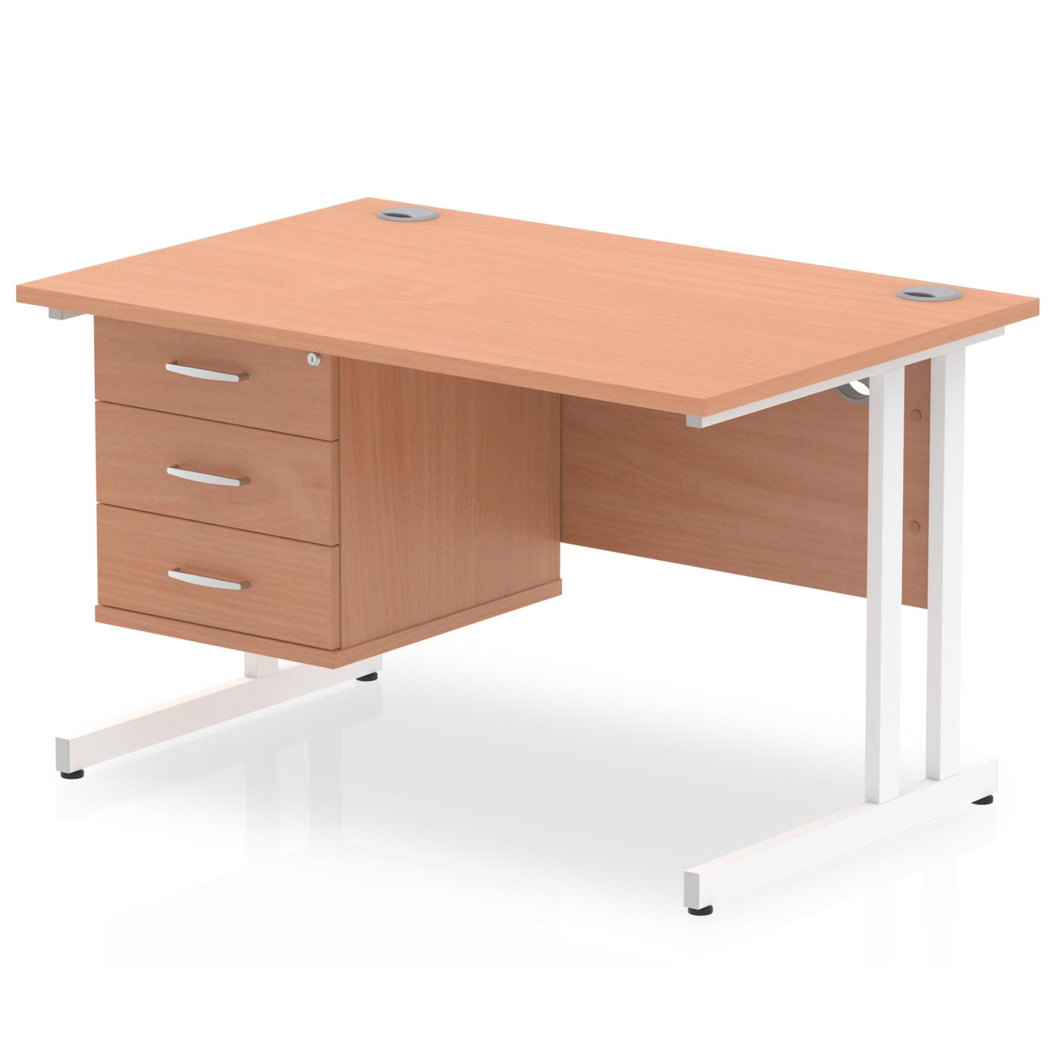 Impulse 1200 x 800mm Straight Office Desk Beech Top White Cantilever Leg Workstation 1 x 3 Drawer Fixed Pedestal