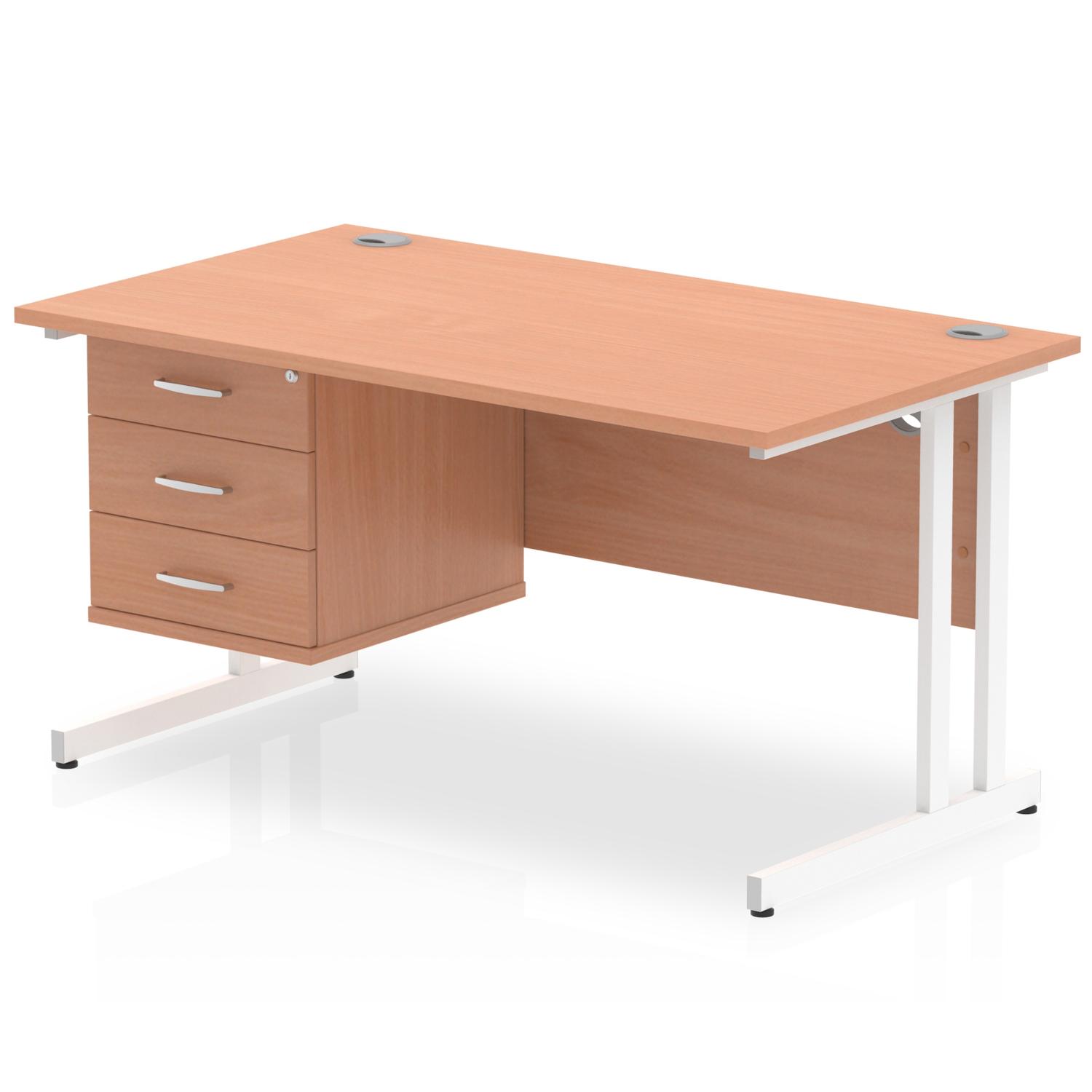 Impulse 1400 x 800mm Straight Office Desk Beech Top White Cantilever Leg Workstation 1 x 3 Drawer Fixed Pedestal