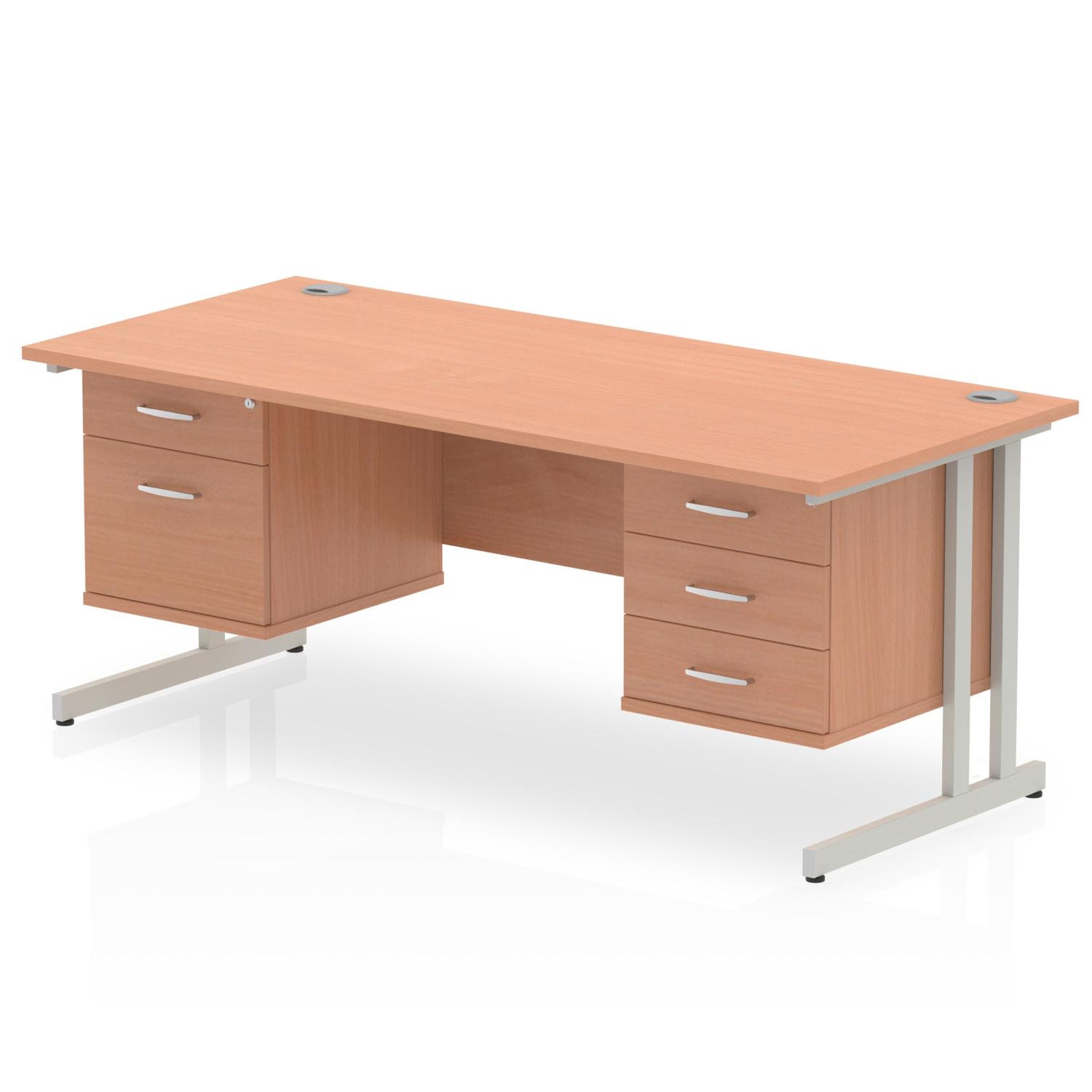 Impulse 1600 x 800mm Straight Office Desk Beech Top Silver Cantilever Leg Workstation 1 x 2 Drawer 1 x 3 Drawer Fixed Pedestal