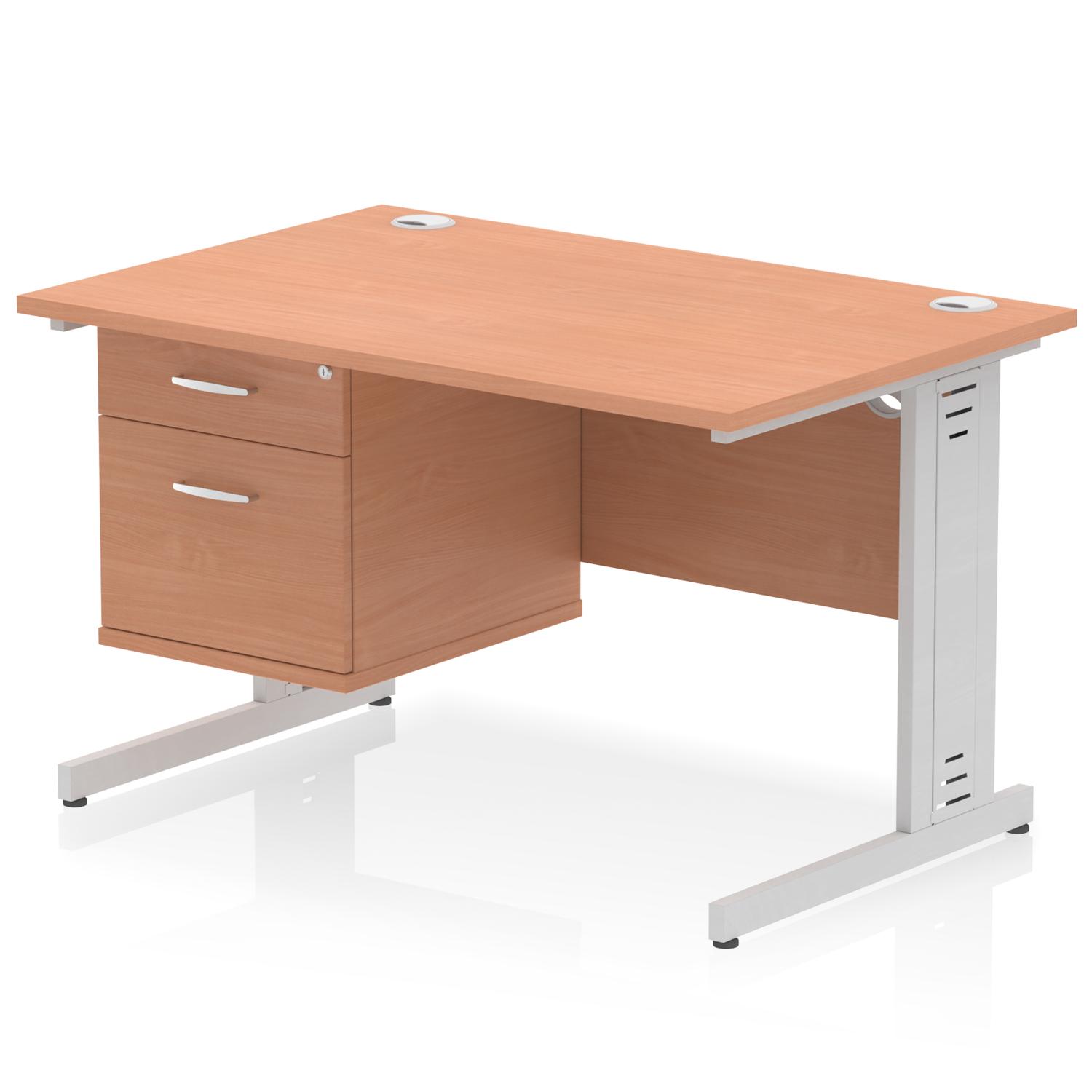 Impulse 1200 x 800mm Straight Office Desk Beech Top Silver Cable Managed Leg Workstation 1 x 2 Drawer Fixed Pedestal