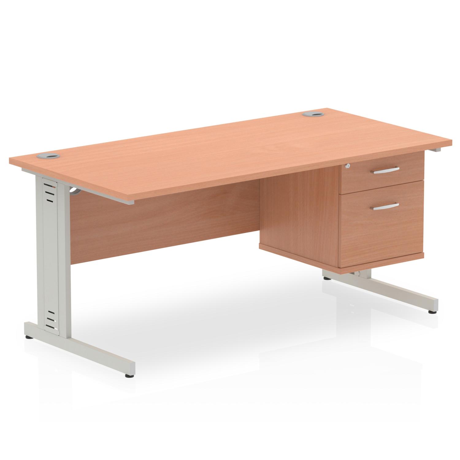 Impulse 1600 x 800mm Straight Office Desk Beech Top Silver Cable Managed Leg Workstation 1 x 2 Drawer Fixed Pedestal